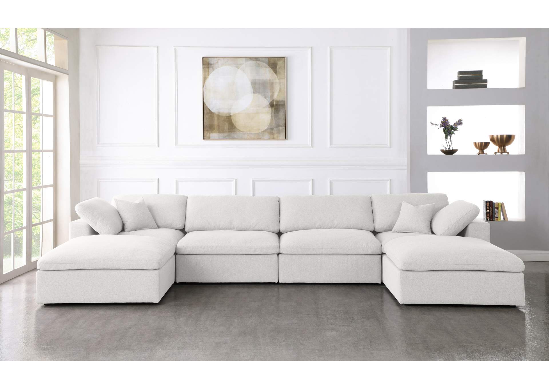 Serene Cream Linen Textured Fabric Deluxe Comfort Modular Sectional,Meridian Furniture