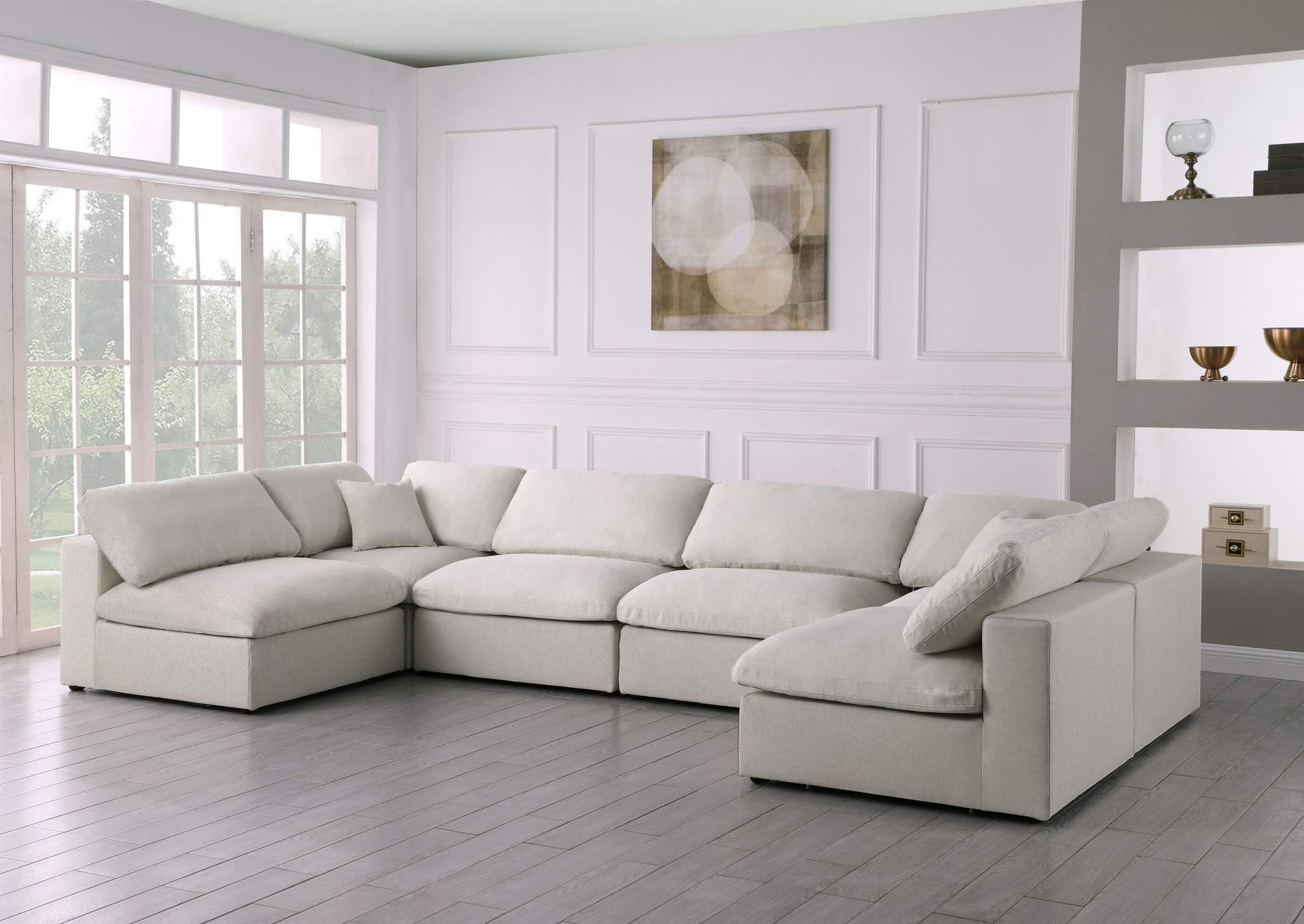 Serene Cream Linen Textured Fabric Deluxe Comfort Modular Sectional,Meridian Furniture