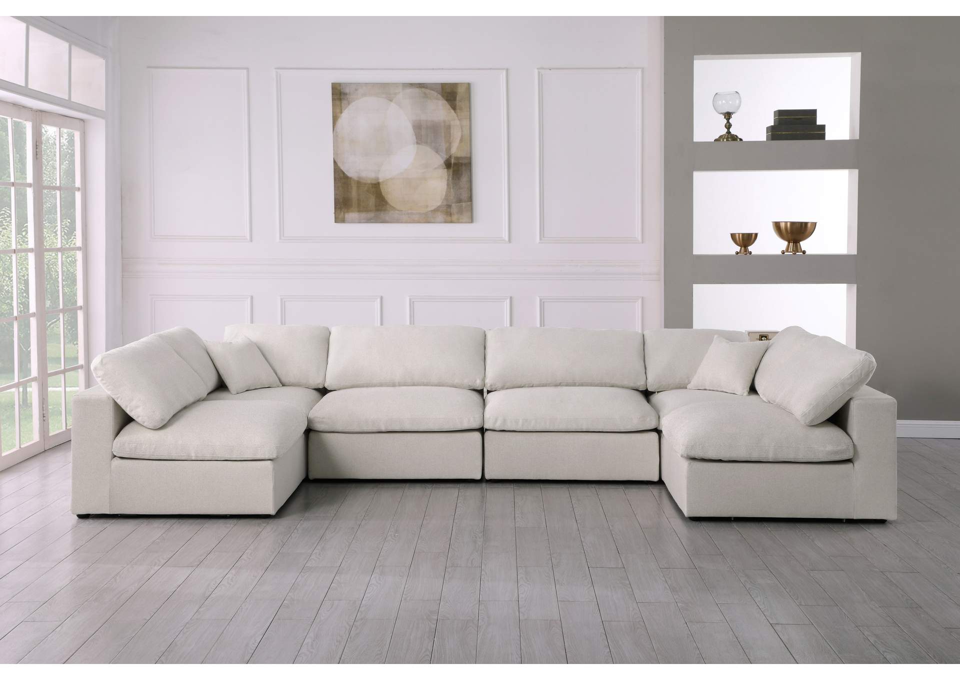 Serene Cream Linen Textured Fabric Deluxe Comfort Modular Sectional,Meridian Furniture