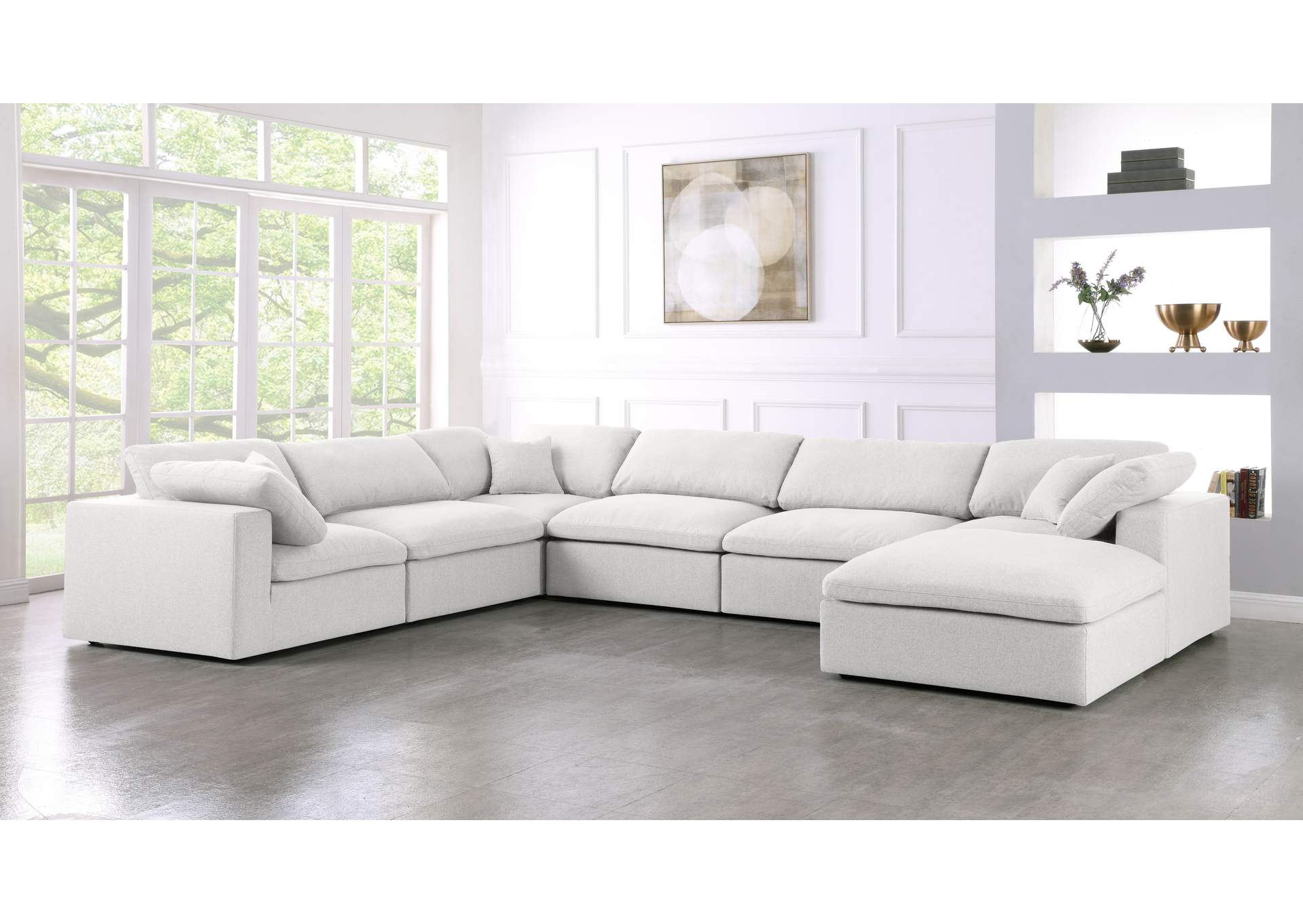 Serene Cream Linen Textured Fabric Deluxe Comfort Modular Sectional,Meridian Furniture