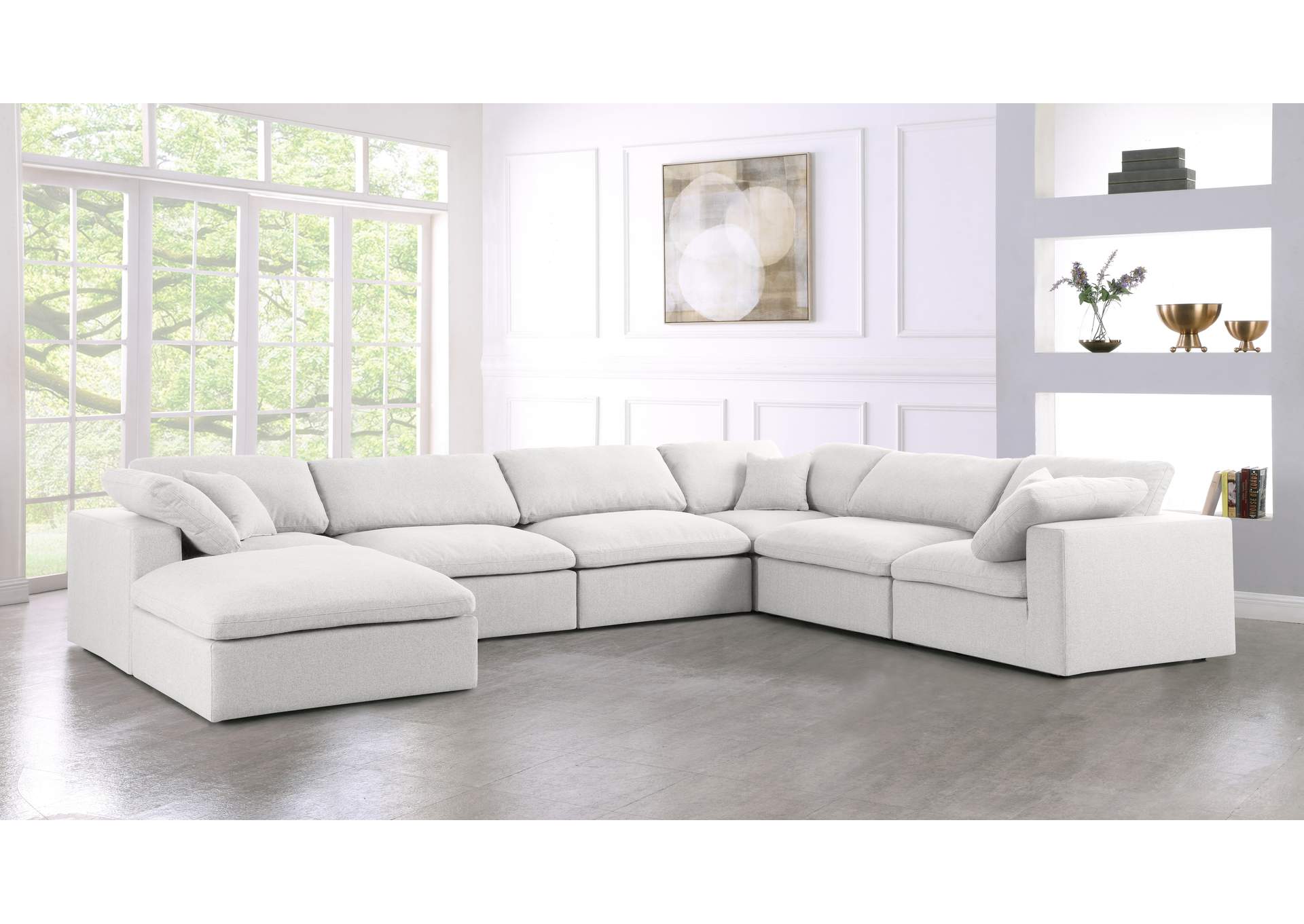 Serene Cream Linen Textured Fabric Deluxe Comfort Modular Sectional,Meridian Furniture