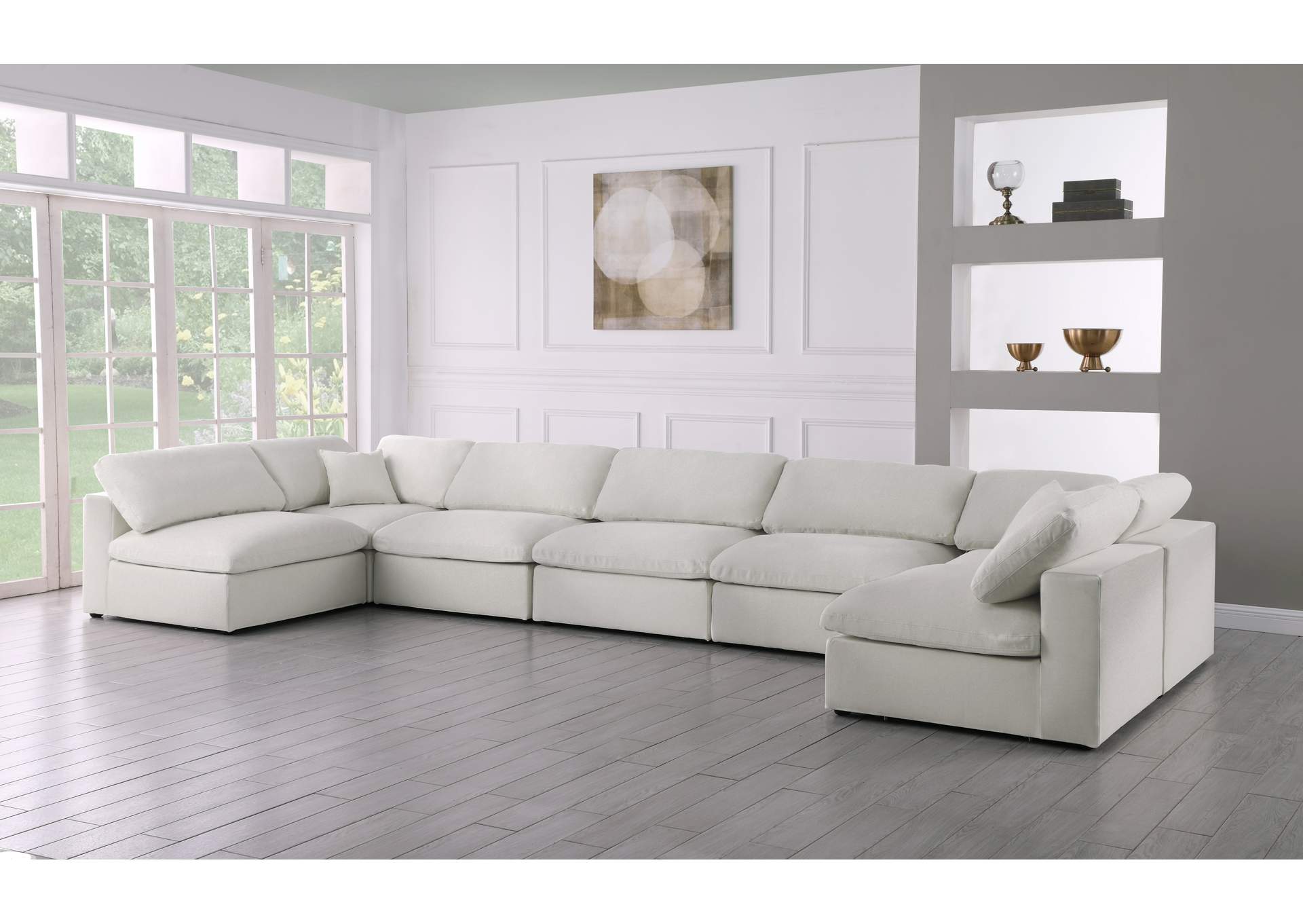 Serene Cream Linen Textured Fabric Deluxe Comfort Modular Sectional,Meridian Furniture