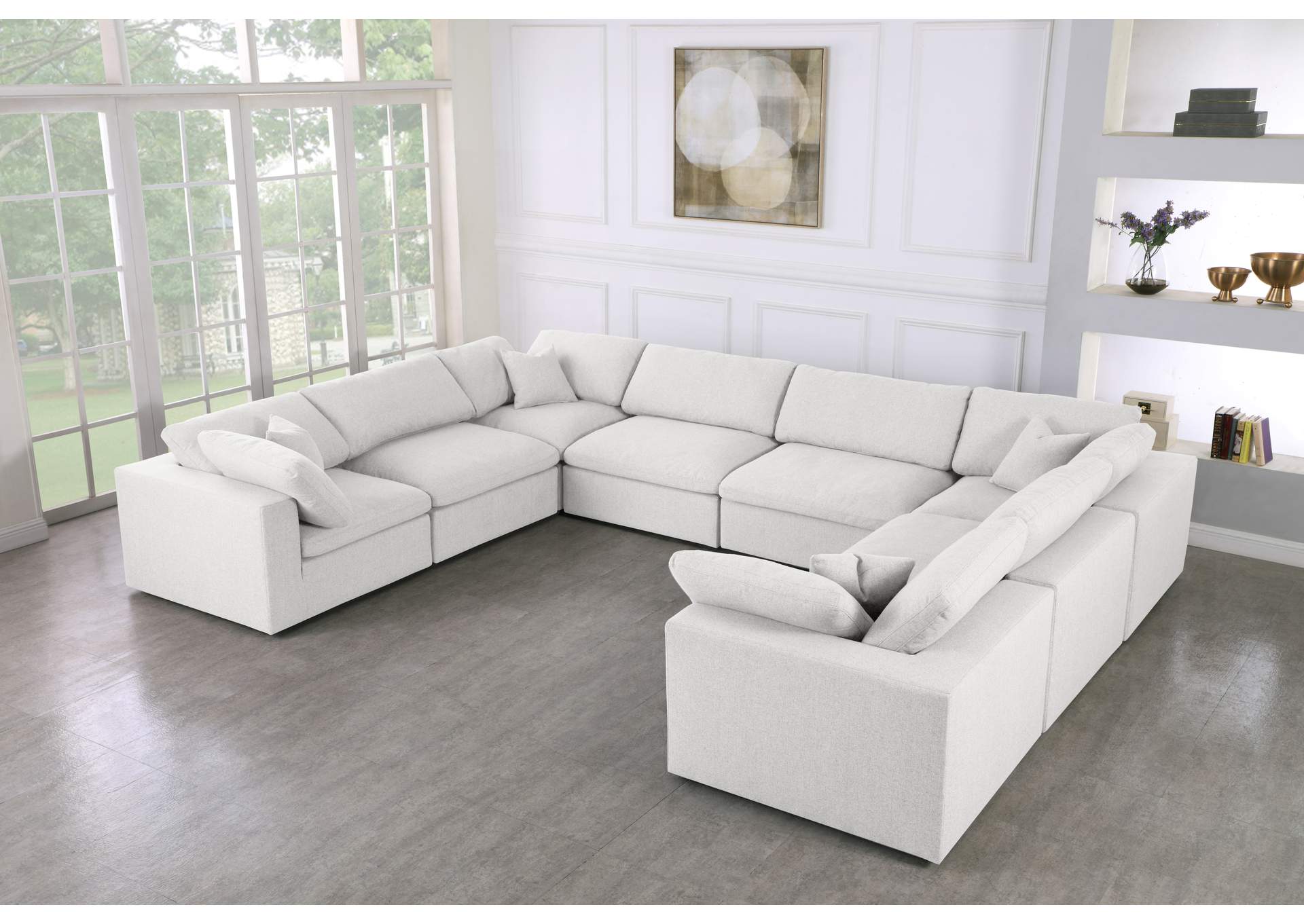 Serene Cream Linen Textured Fabric Deluxe Comfort Modular Sectional,Meridian Furniture