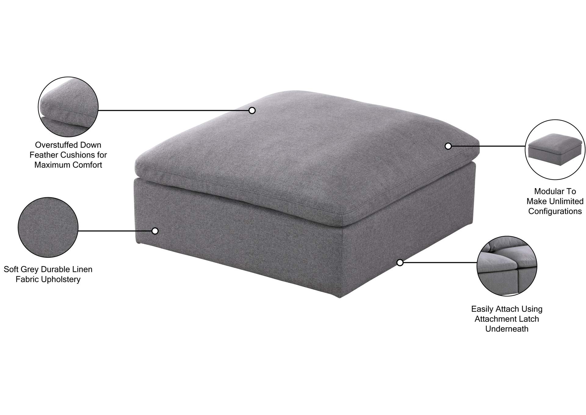 Serene Grey Linen Textured Fabric Deluxe Comfort Modular Ottoman,Meridian Furniture