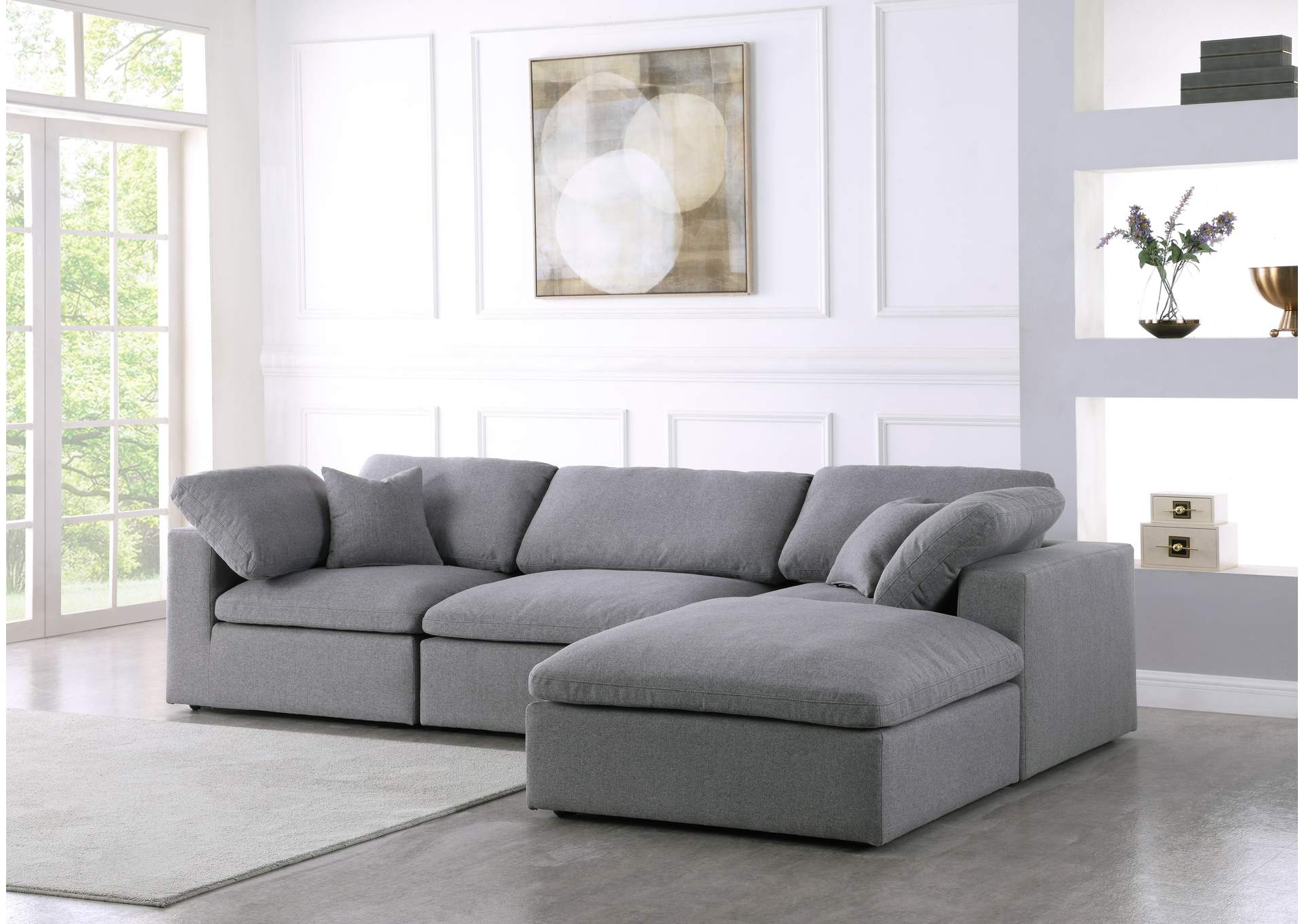 Serene Grey Linen Textured Fabric Deluxe Comfort Modular Sectional,Meridian Furniture