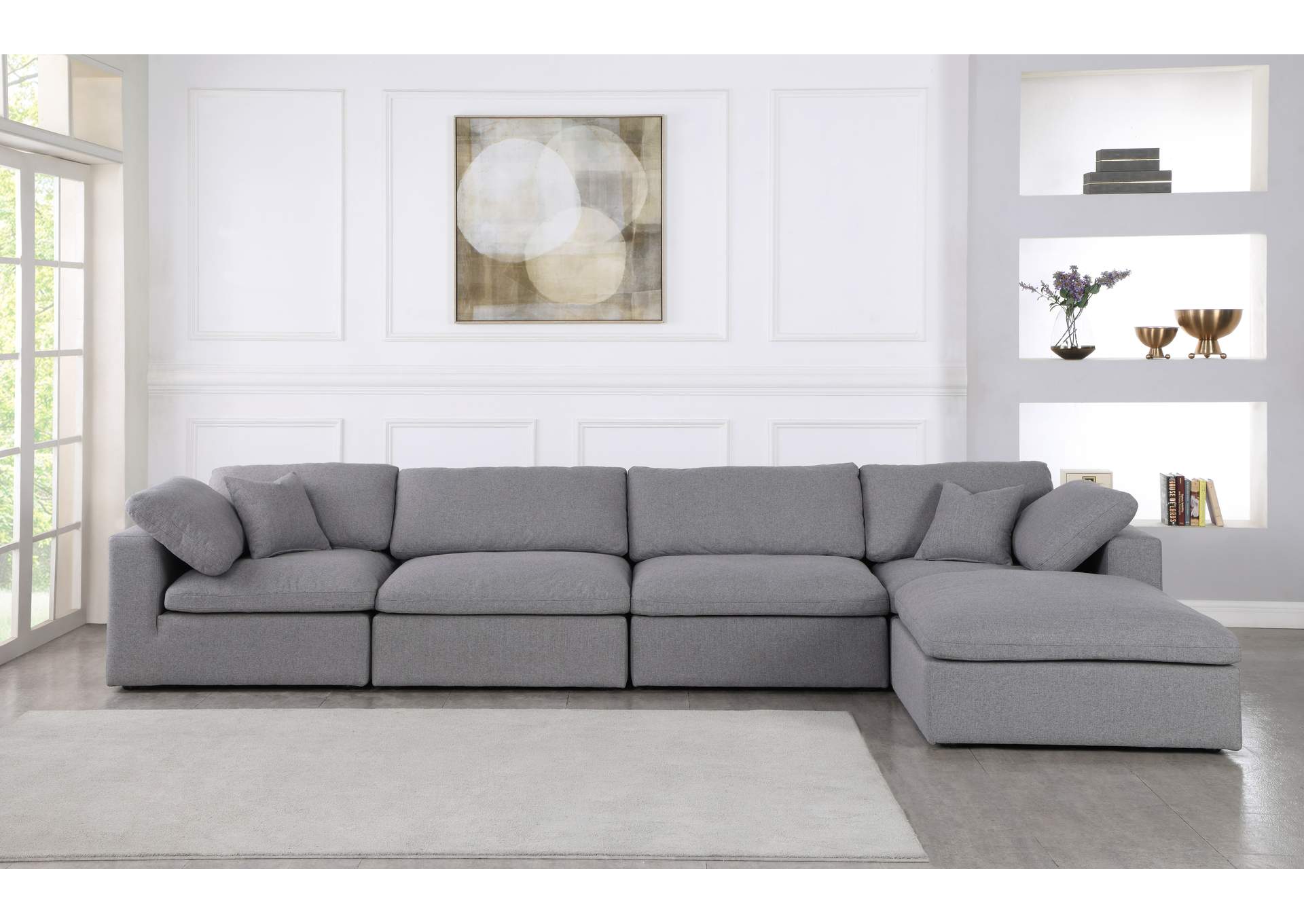 Serene Grey Linen Textured Fabric Deluxe Comfort Modular Sectional,Meridian Furniture