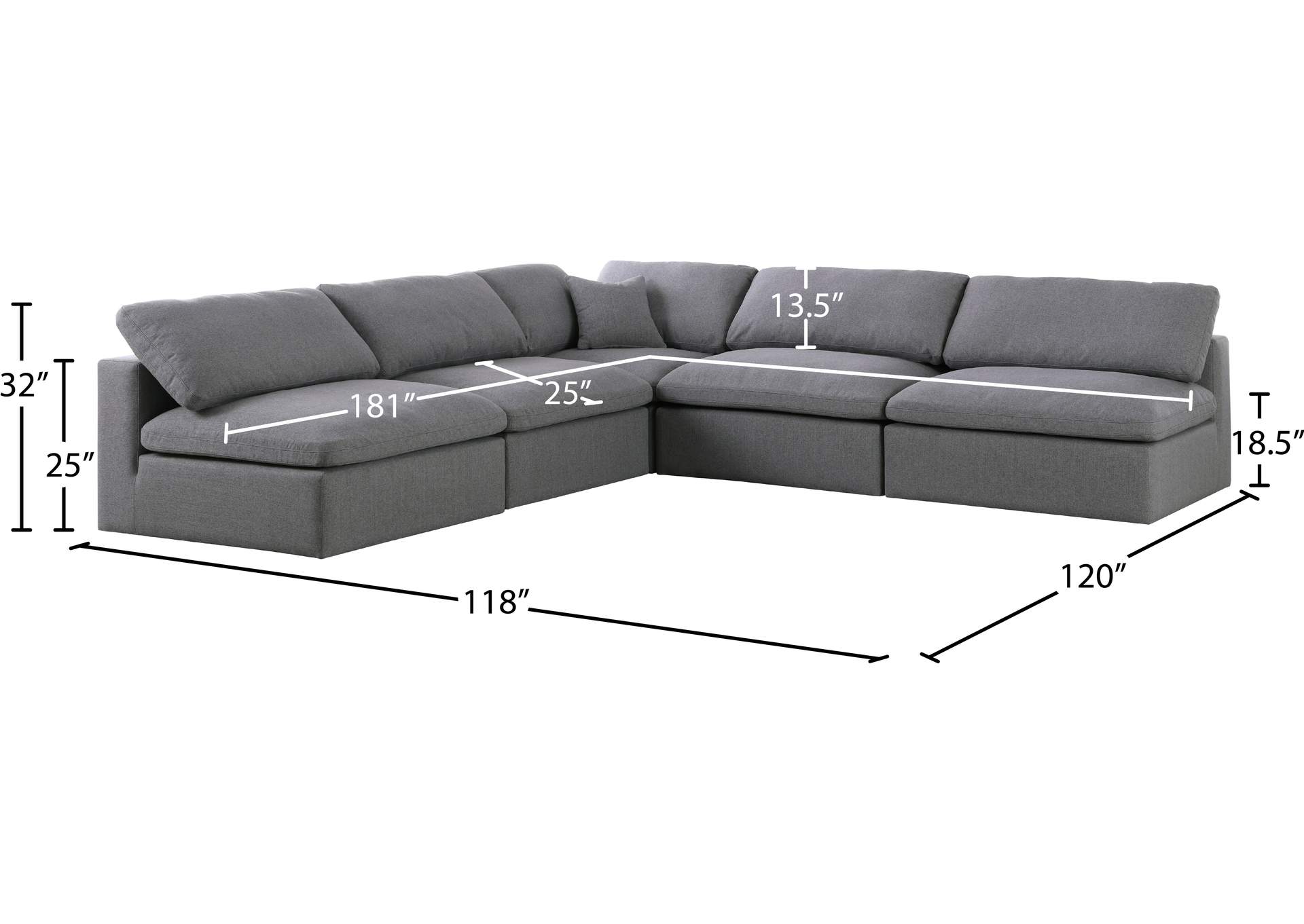 Serene Grey Linen Textured Fabric Deluxe Comfort Modular Sectional,Meridian Furniture