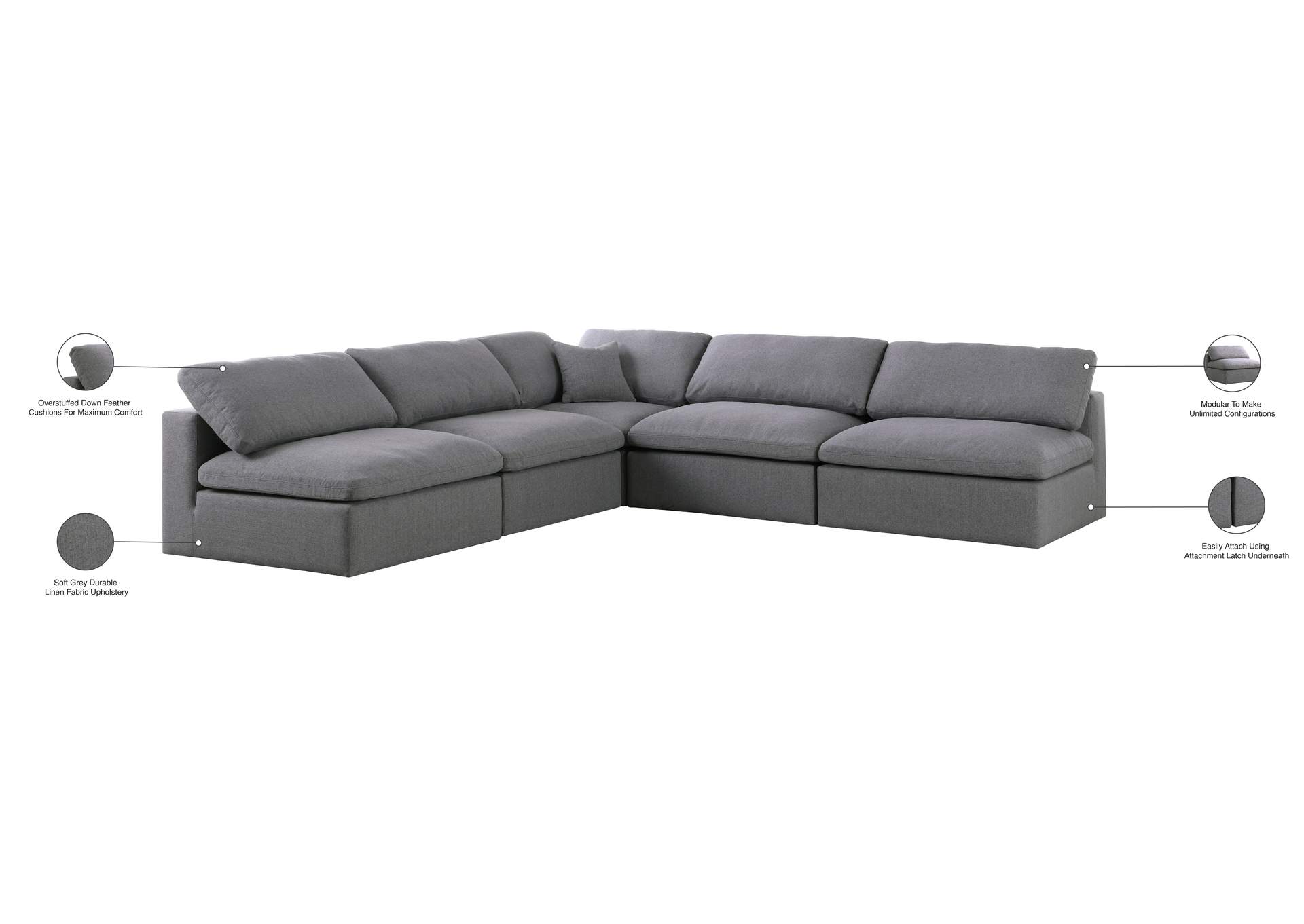 Serene Grey Linen Textured Fabric Deluxe Comfort Modular Sectional,Meridian Furniture