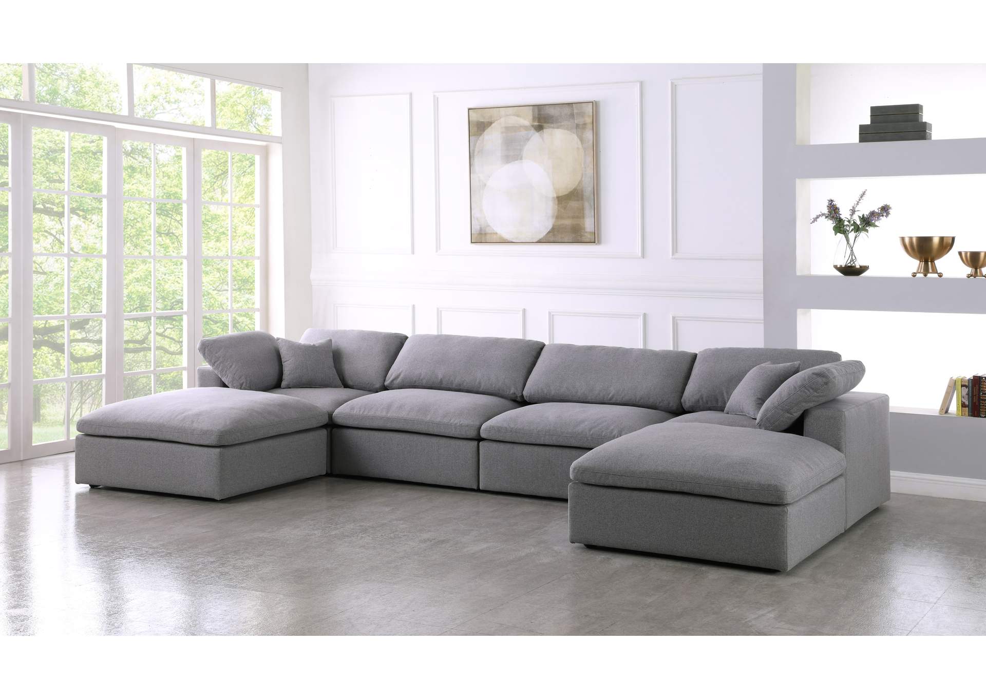 Serene Grey Linen Textured Fabric Deluxe Comfort Modular Sectional,Meridian Furniture