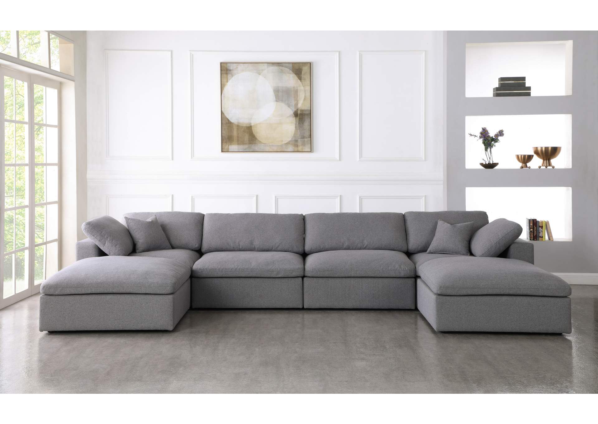 Serene Grey Linen Textured Fabric Deluxe Comfort Modular Sectional,Meridian Furniture