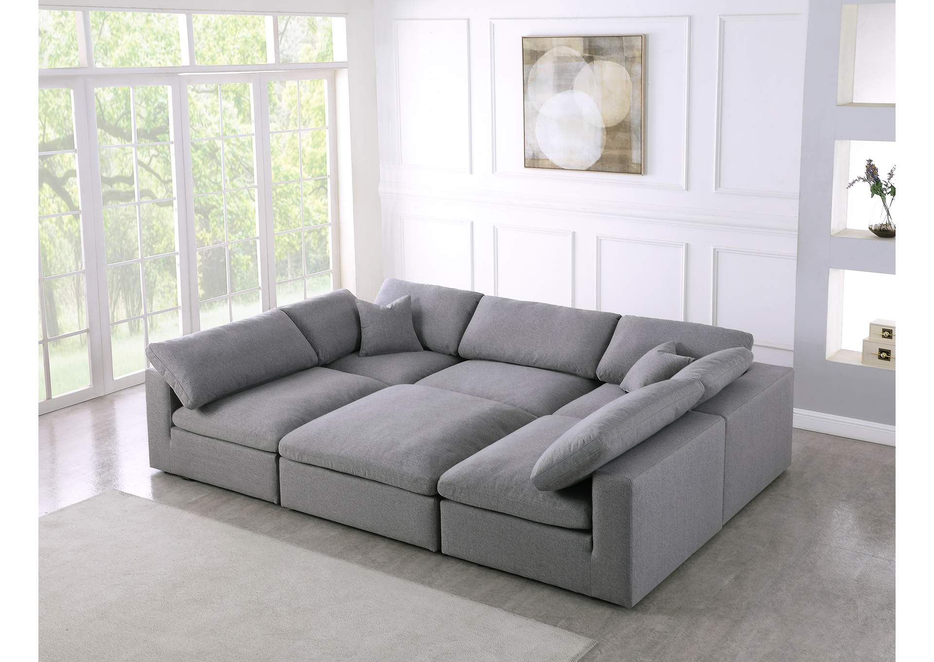 Serene Grey Linen Textured Fabric Deluxe Comfort Modular Sectional,Meridian Furniture