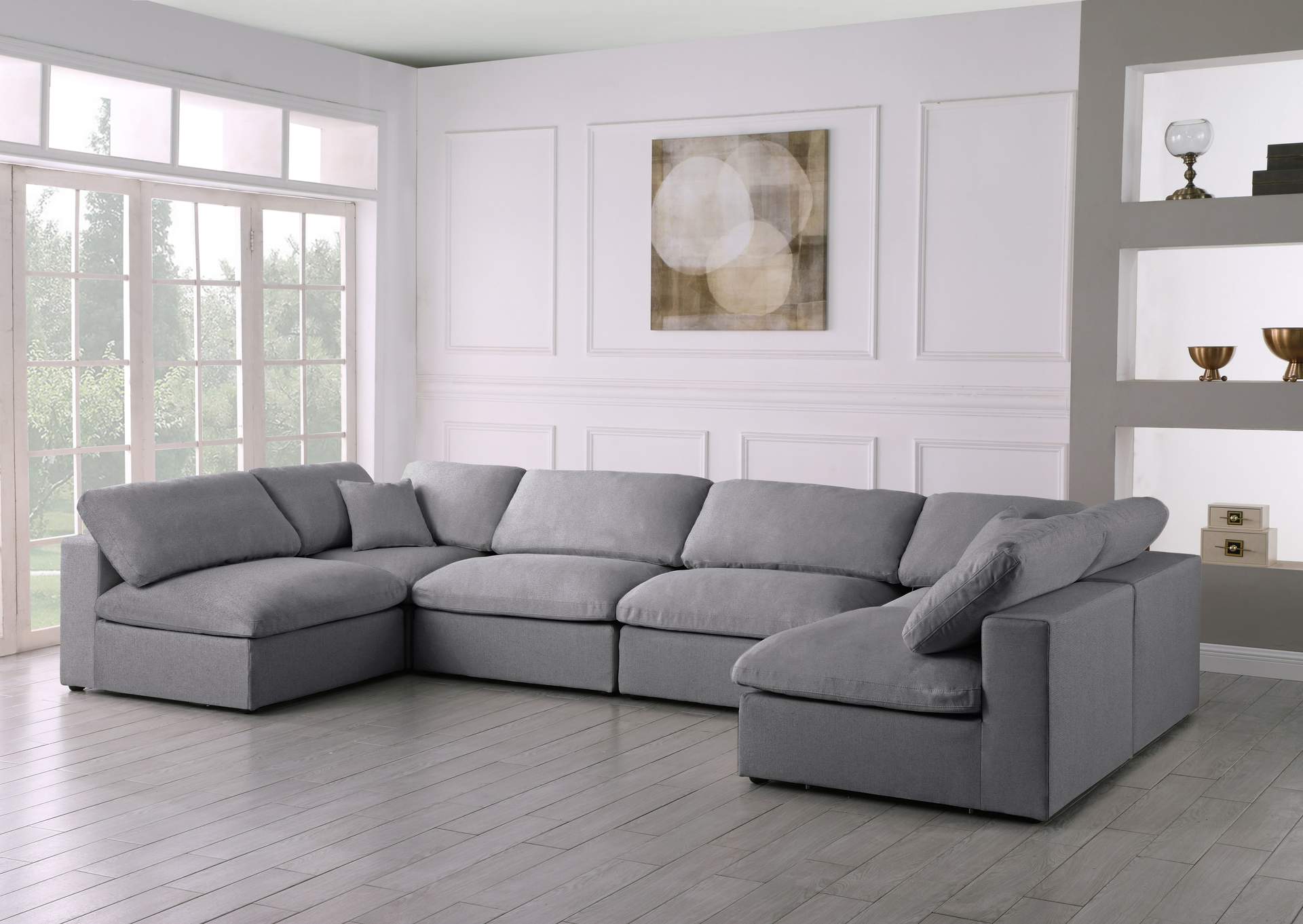 Serene Grey Linen Textured Fabric Deluxe Comfort Modular Sectional,Meridian Furniture