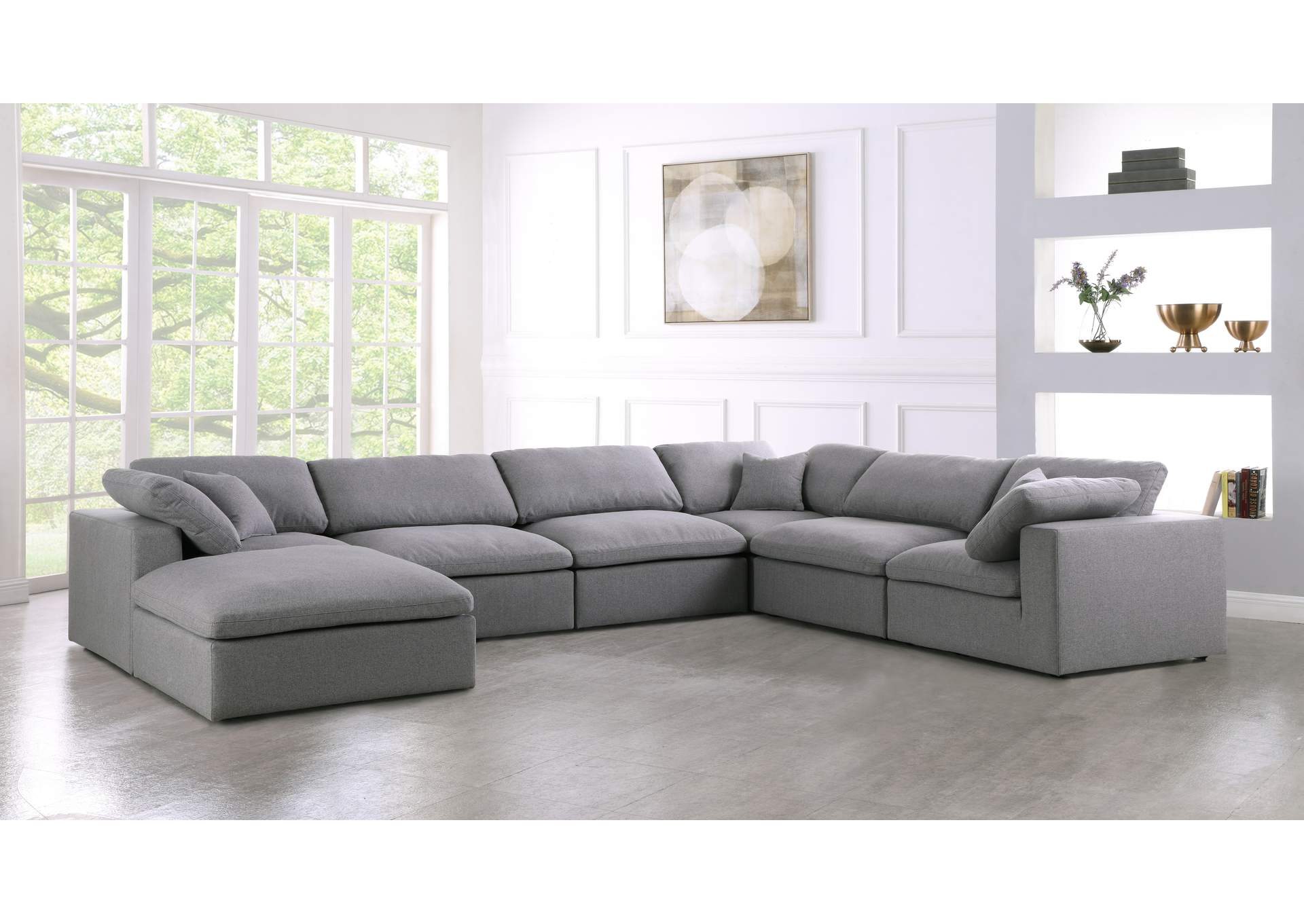 Serene Grey Linen Textured Fabric Deluxe Comfort Modular Sectional,Meridian Furniture