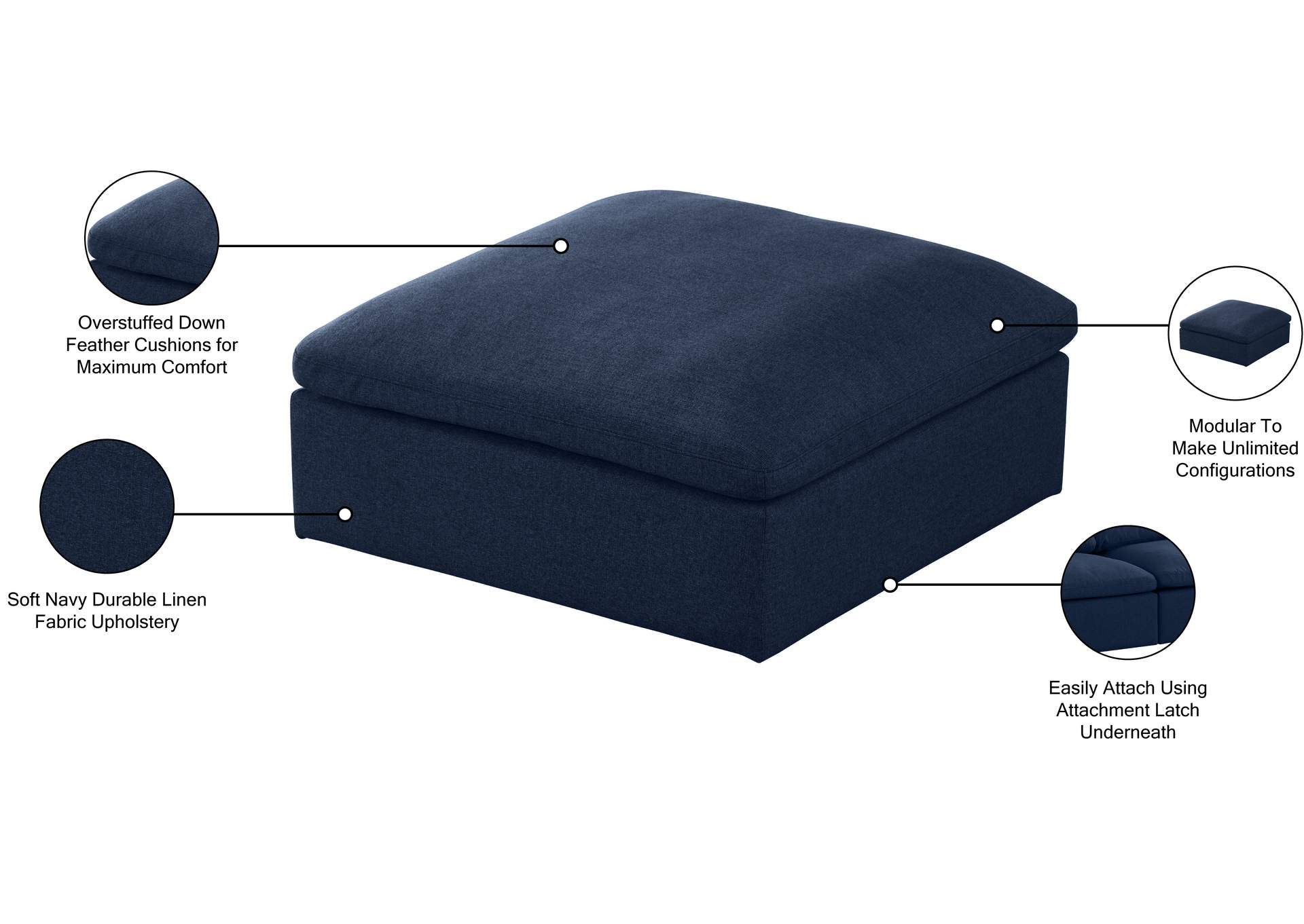 Serene Navy Linen Textured Fabric Deluxe Comfort Modular Ottoman,Meridian Furniture