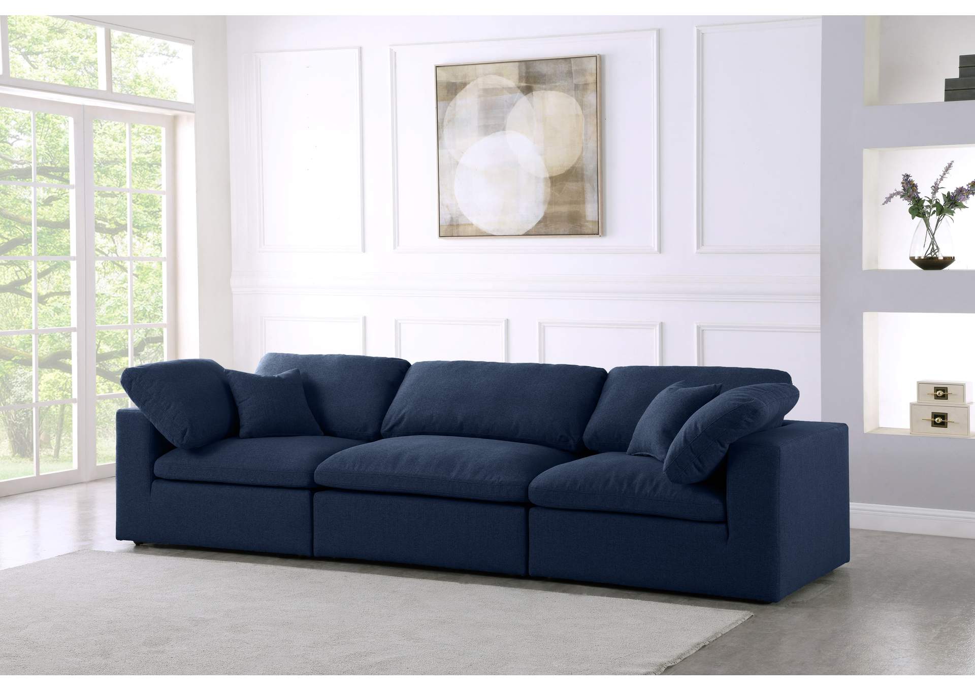 Serene Navy Linen Textured Fabric Deluxe Comfort Modular Sofa,Meridian Furniture