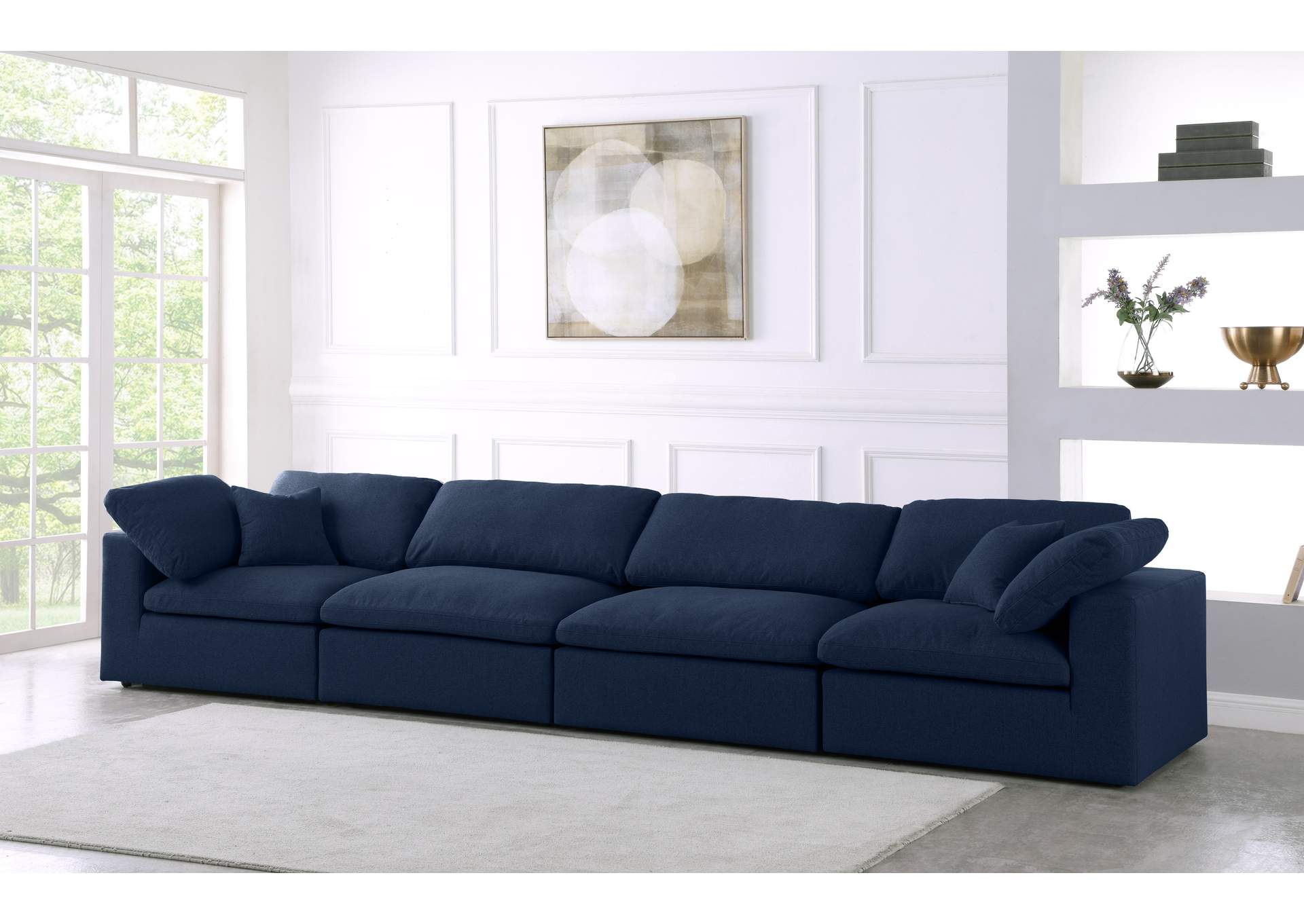 Serene Navy Linen Textured Fabric Deluxe Comfort Modular Sofa,Meridian Furniture