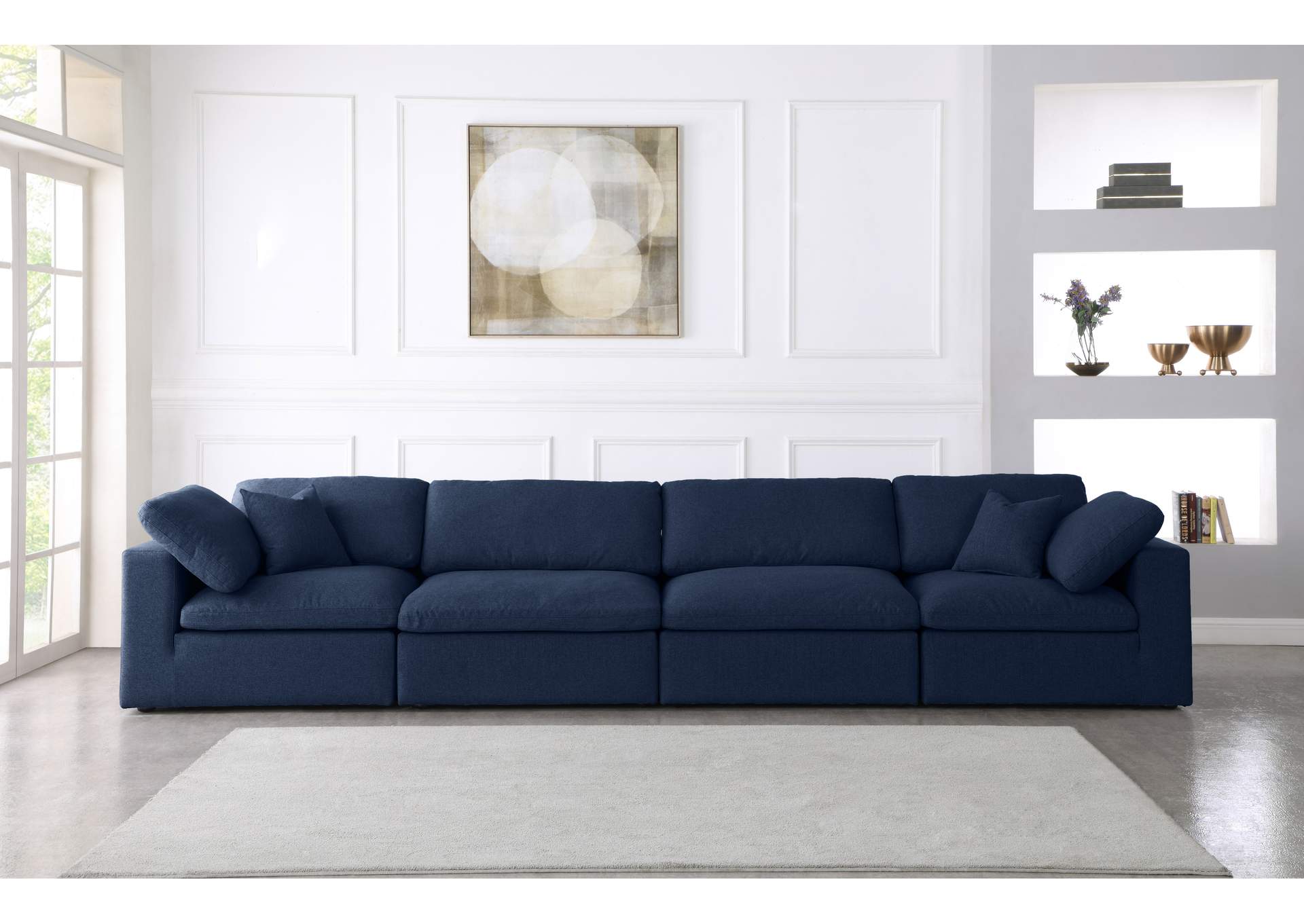 Serene Navy Linen Textured Fabric Deluxe Comfort Modular Sofa,Meridian Furniture