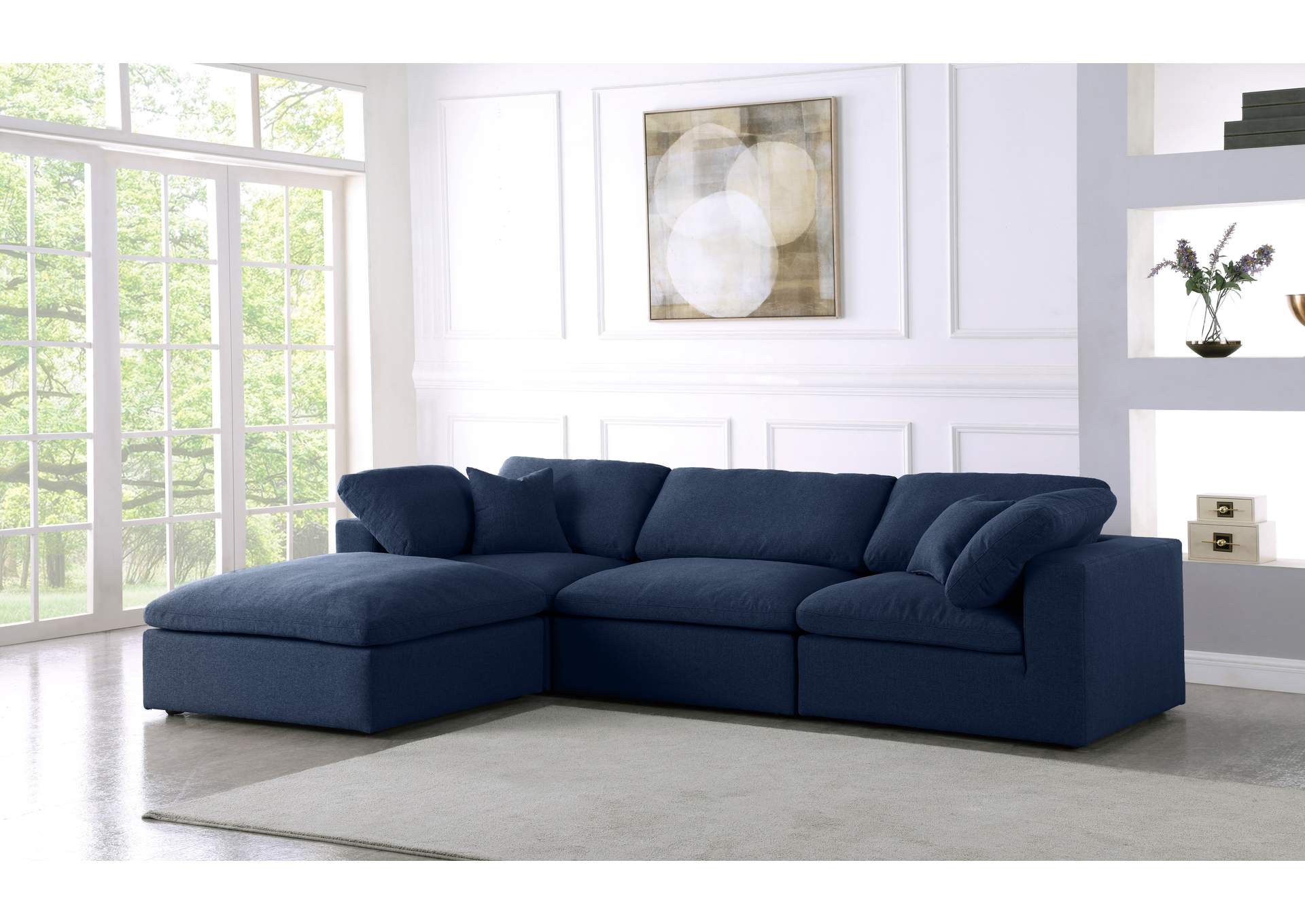 Serene Navy Linen Textured Fabric Deluxe Comfort Modular Sectional,Meridian Furniture