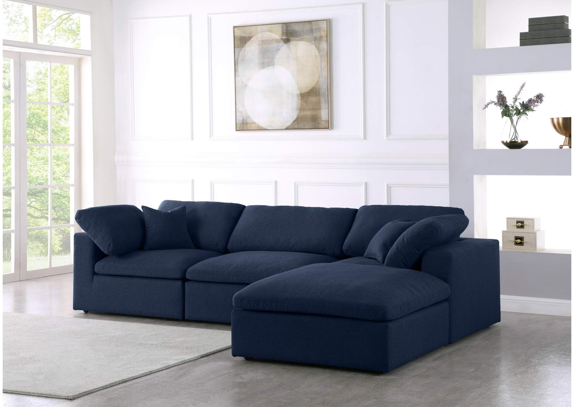 Serene Navy Linen Textured Fabric Deluxe Comfort Modular Sectional,Meridian Furniture