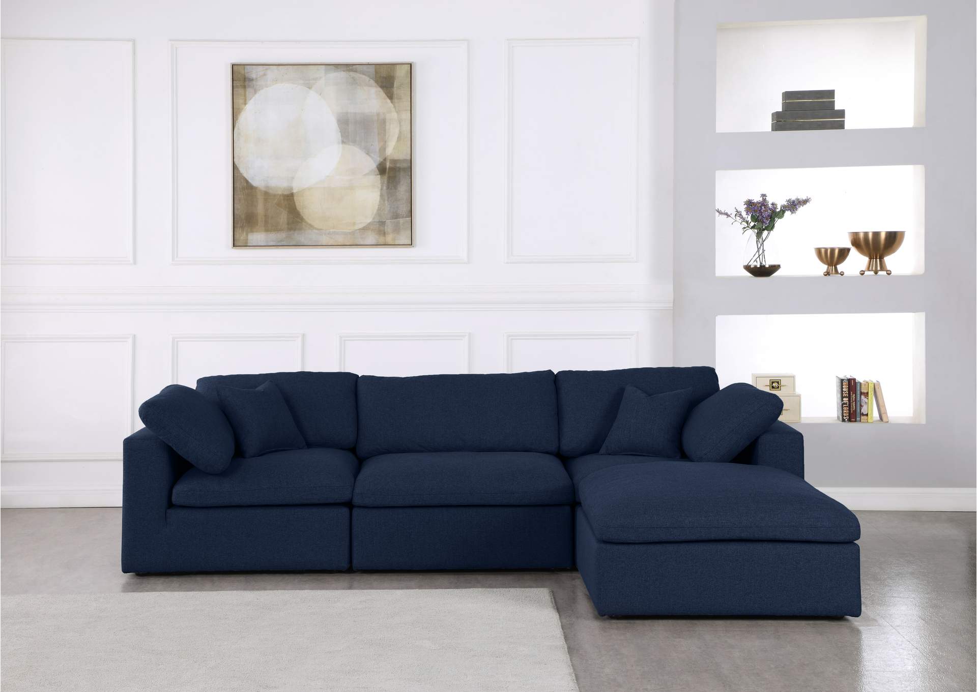 Serene Navy Linen Textured Fabric Deluxe Comfort Modular Sectional,Meridian Furniture