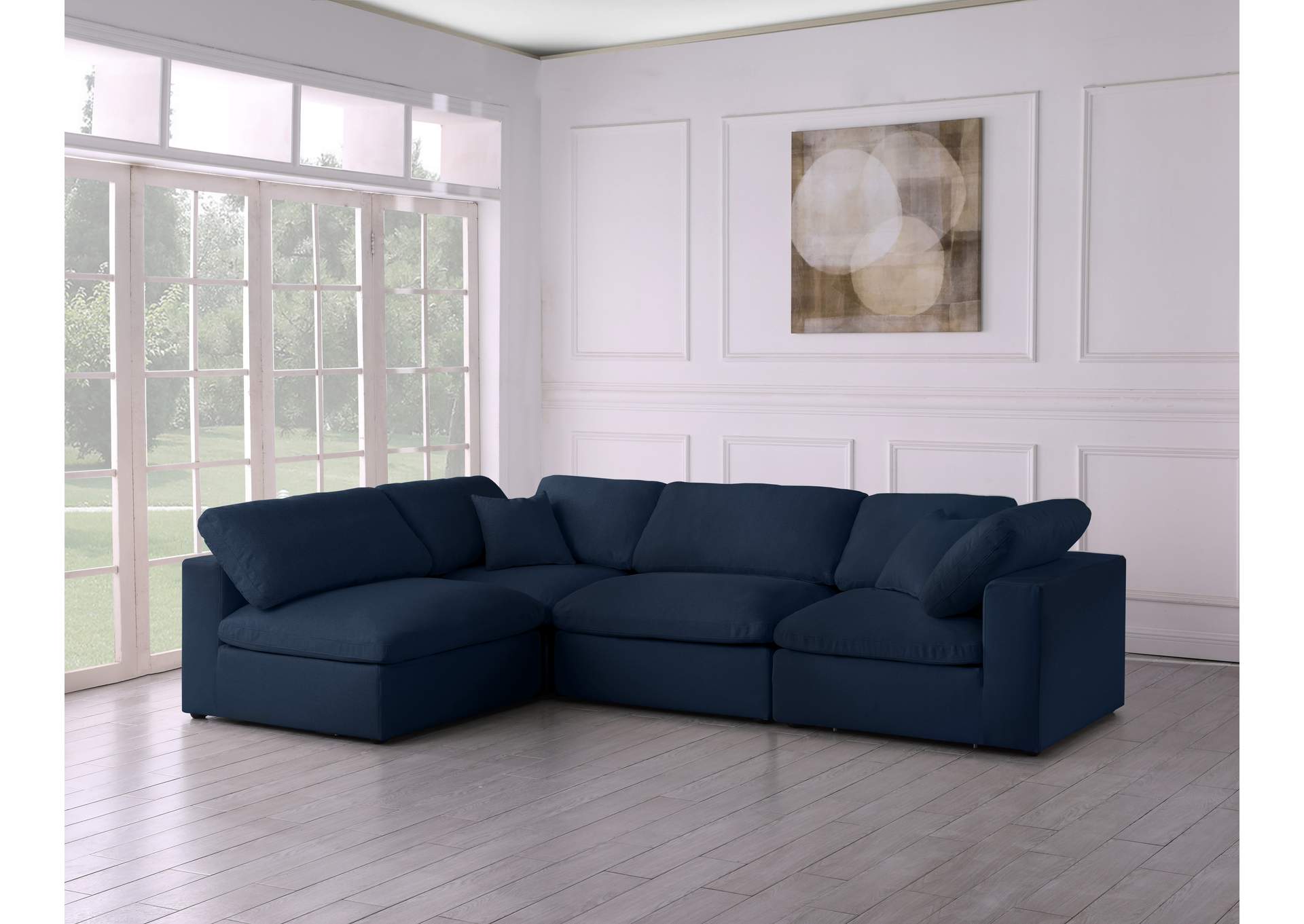 Serene Navy Linen Textured Fabric Deluxe Comfort Modular Sectional,Meridian Furniture