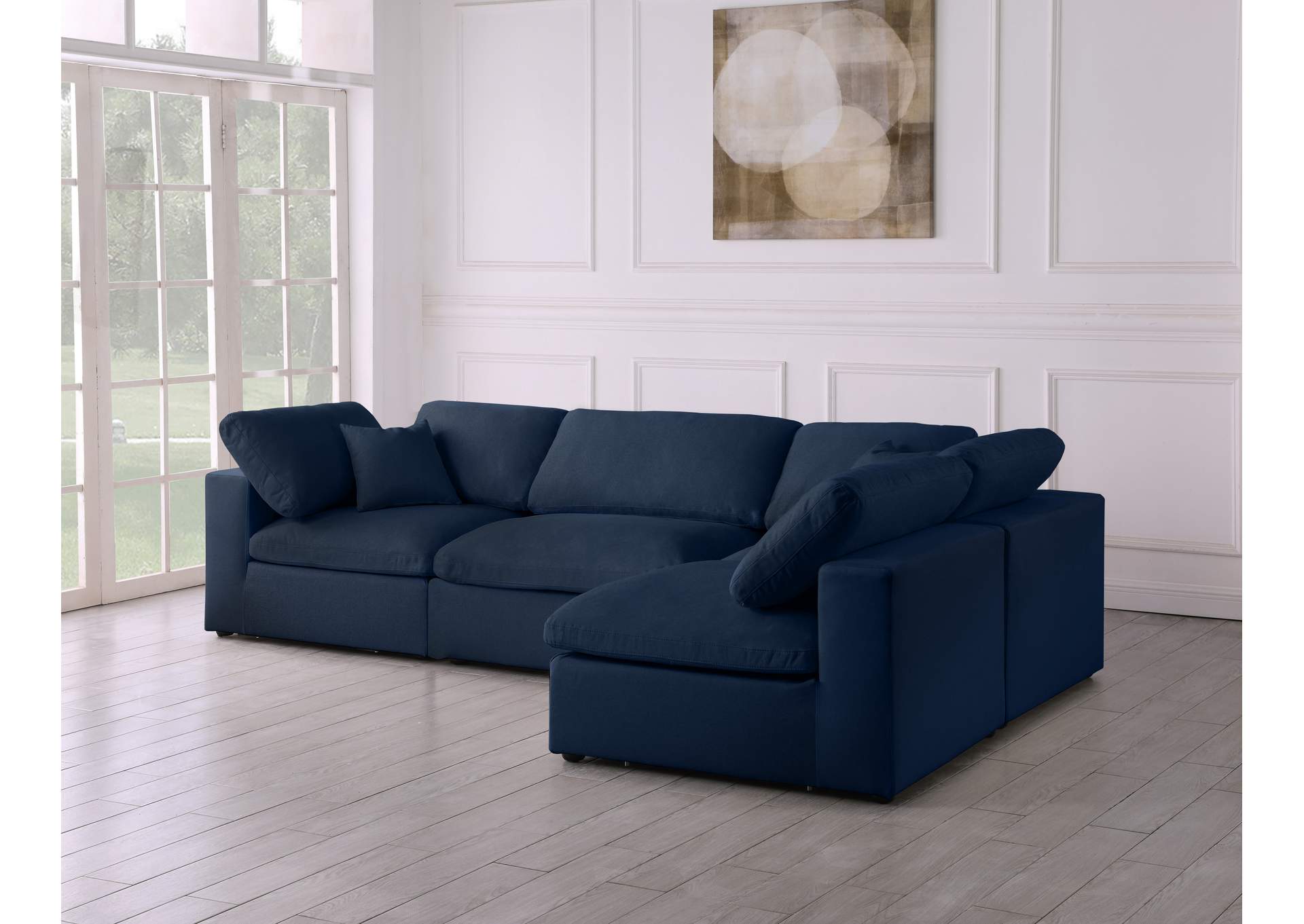 Serene Navy Linen Textured Fabric Deluxe Comfort Modular Sectional,Meridian Furniture