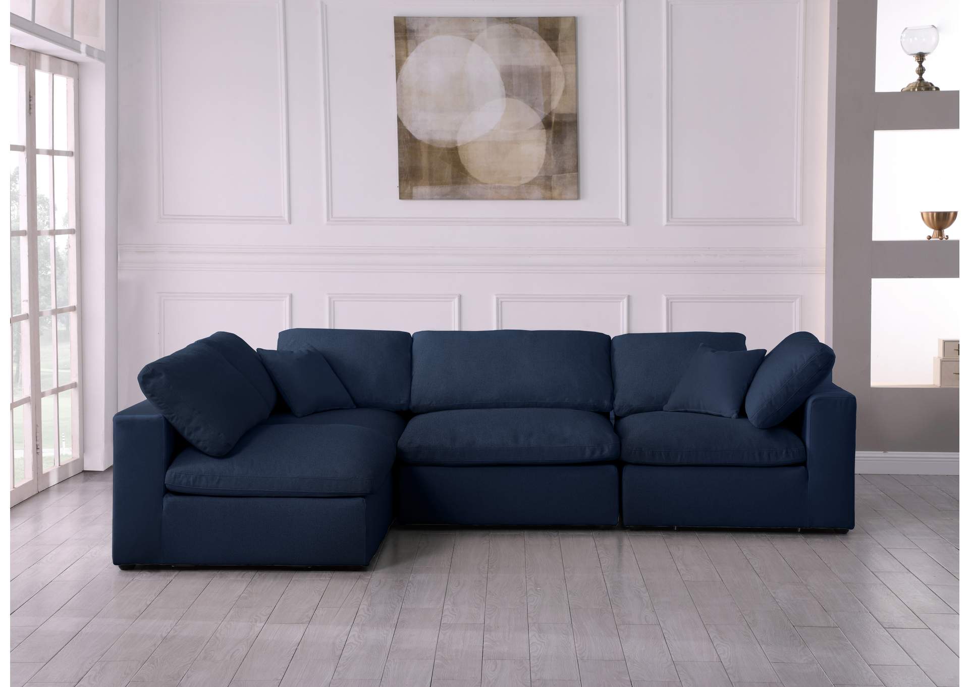 Serene Navy Linen Textured Fabric Deluxe Comfort Modular Sectional,Meridian Furniture