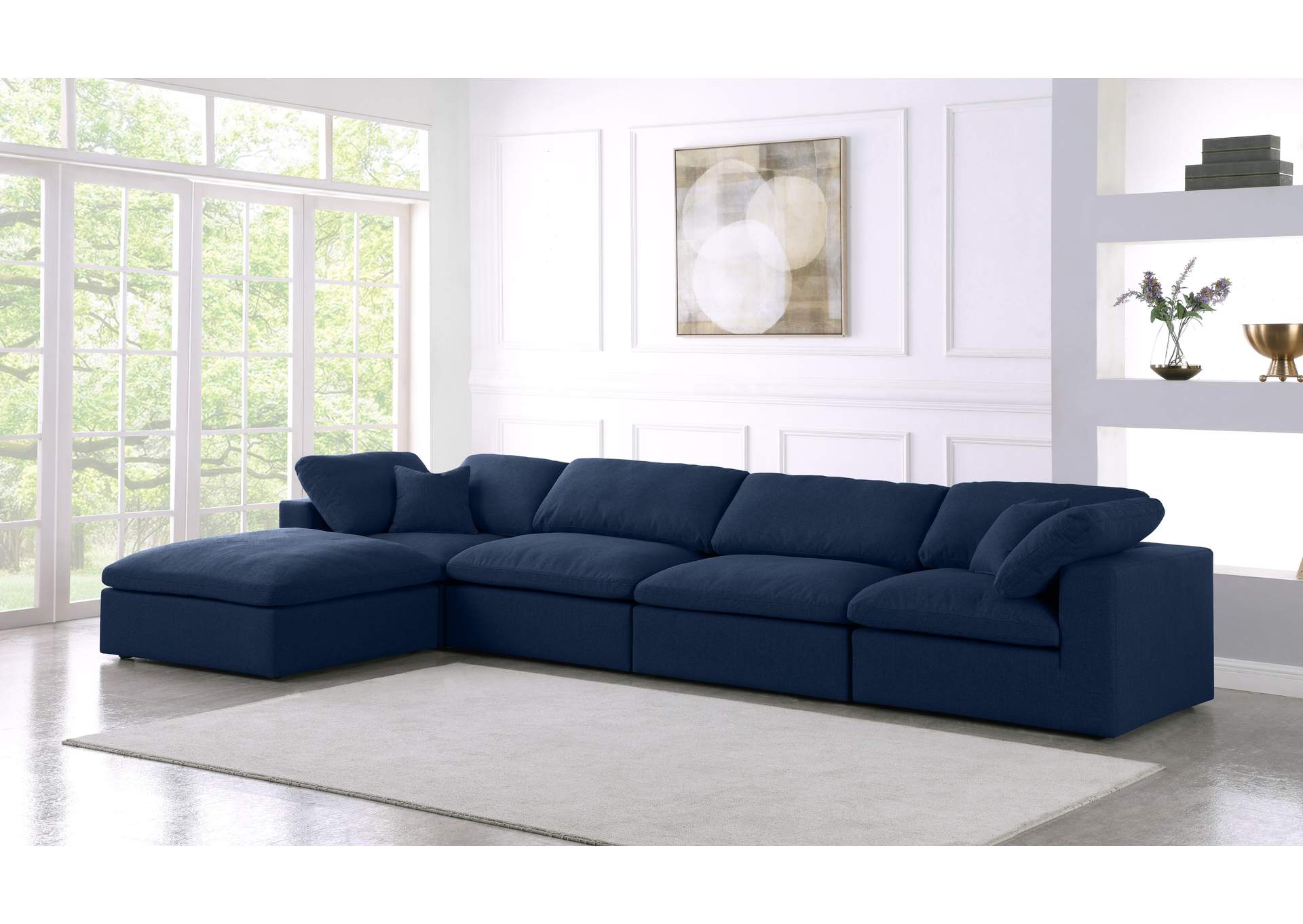 Serene Navy Linen Textured Fabric Deluxe Comfort Modular Sectional,Meridian Furniture