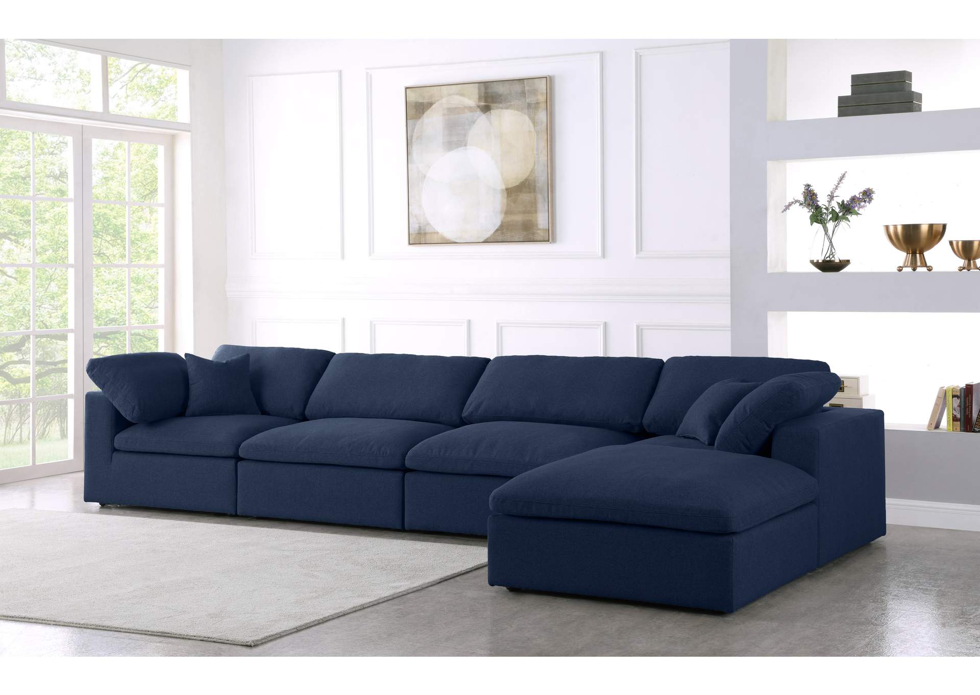 Serene Navy Linen Textured Fabric Deluxe Comfort Modular Sectional,Meridian Furniture