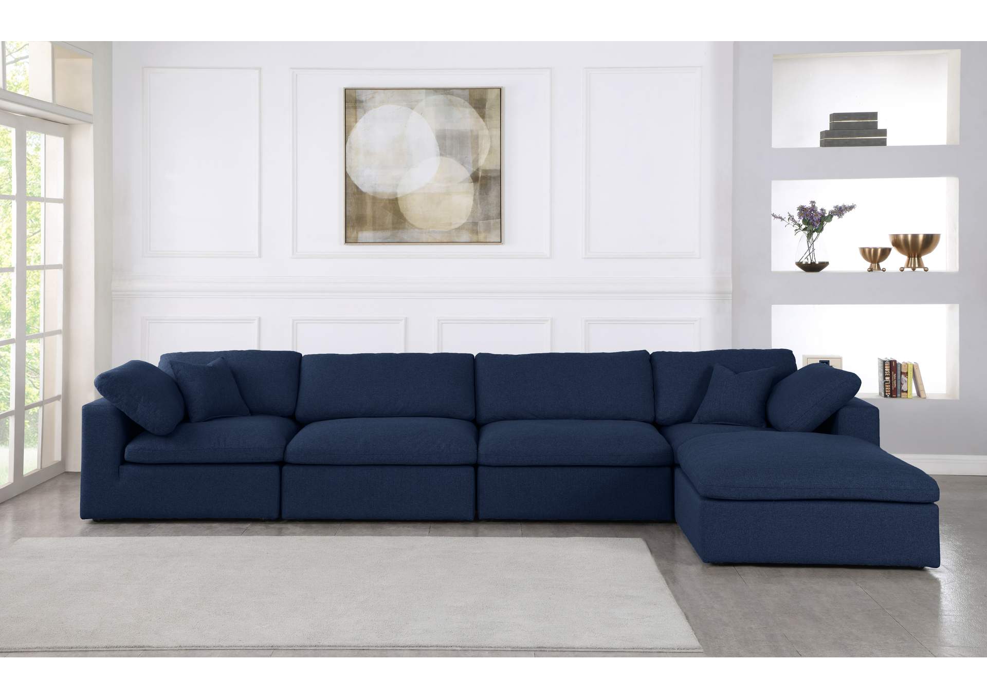 Serene Navy Linen Textured Fabric Deluxe Comfort Modular Sectional,Meridian Furniture