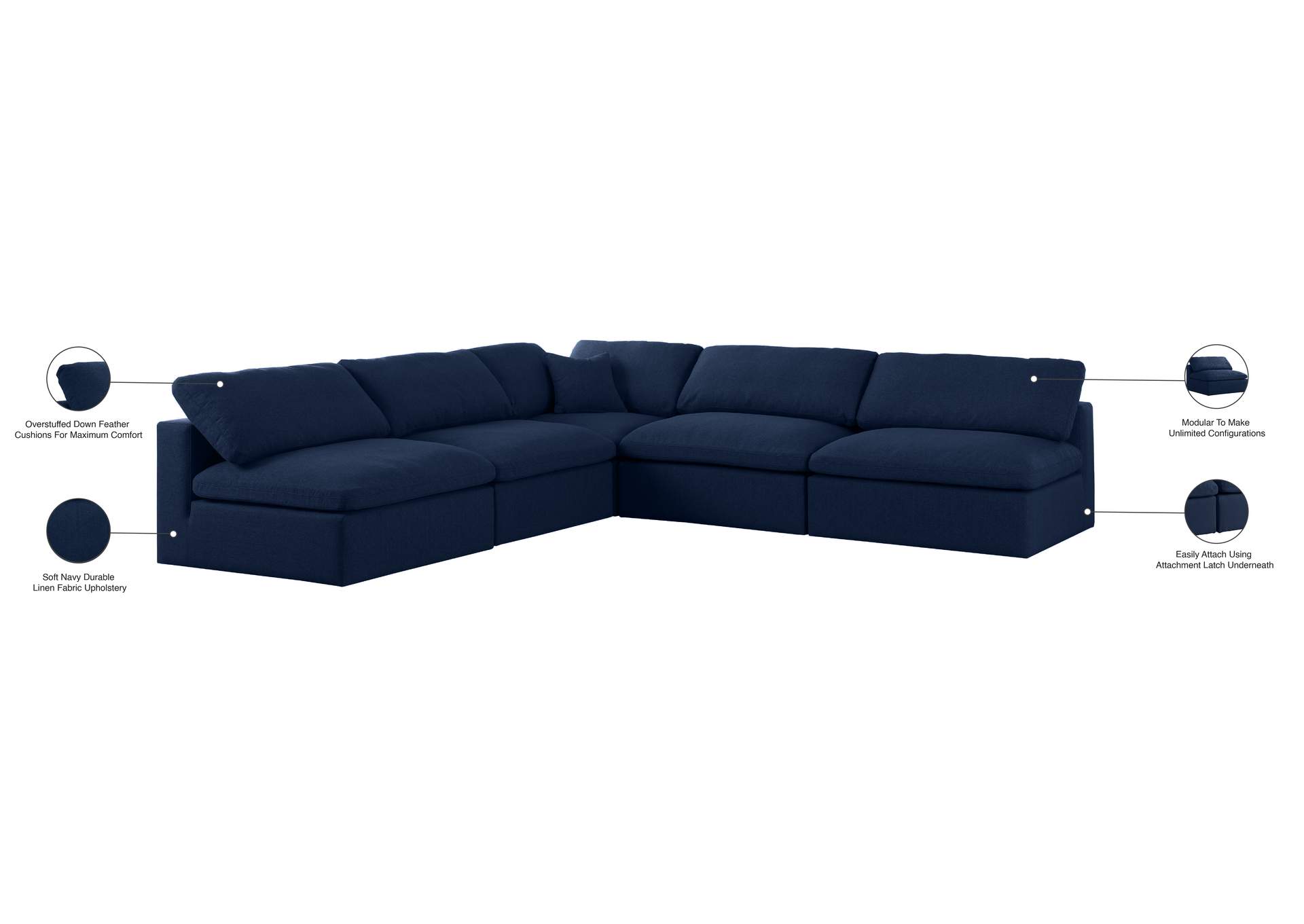 Serene Navy Linen Textured Fabric Deluxe Comfort Modular Sectional,Meridian Furniture