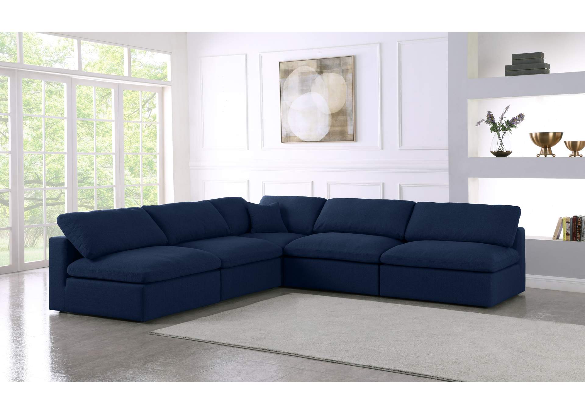 Serene Navy Linen Textured Fabric Deluxe Comfort Modular Sectional,Meridian Furniture