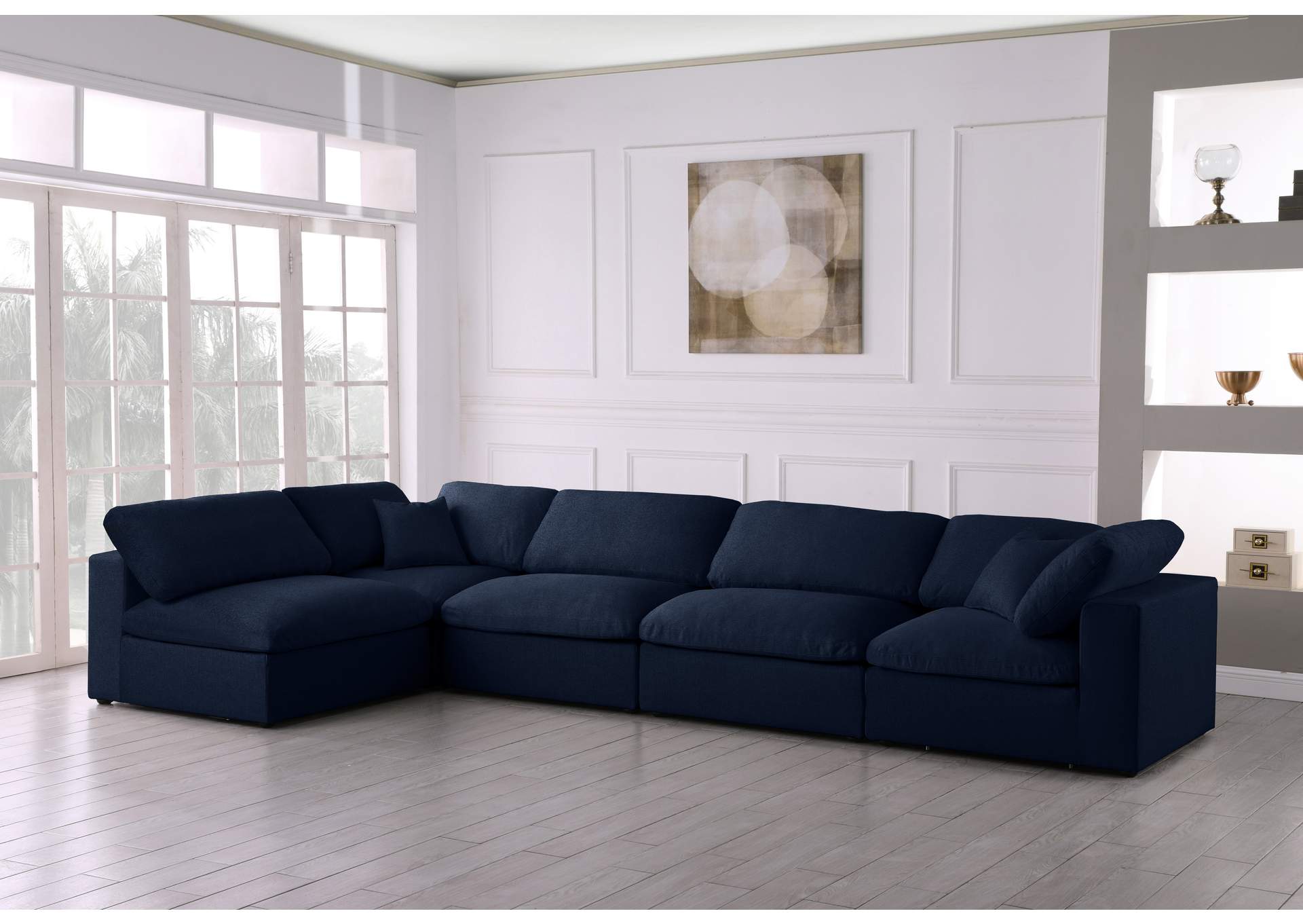 Serene Navy Linen Textured Fabric Deluxe Comfort Modular Sectional,Meridian Furniture