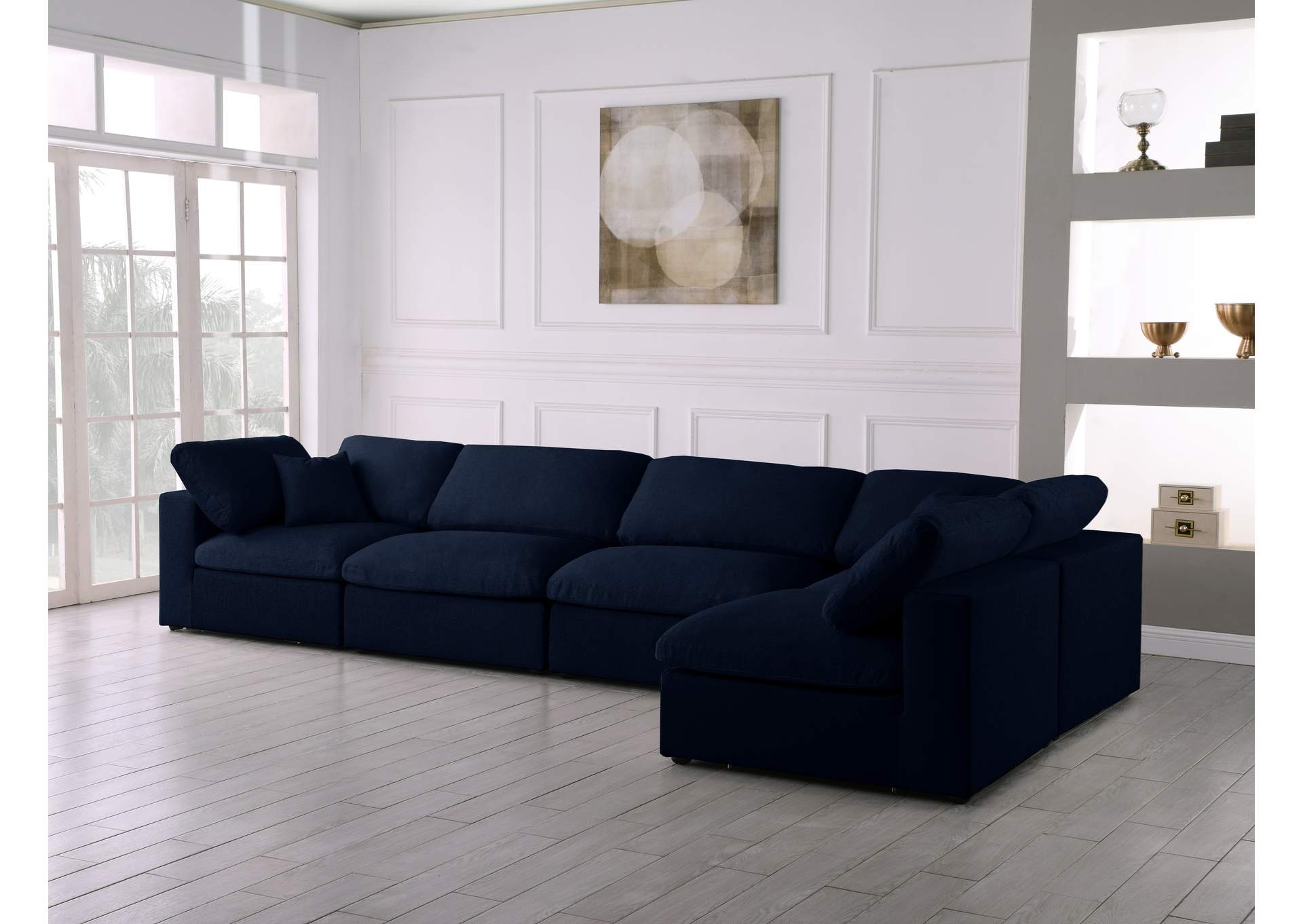 Serene Navy Linen Textured Fabric Deluxe Comfort Modular Sectional,Meridian Furniture