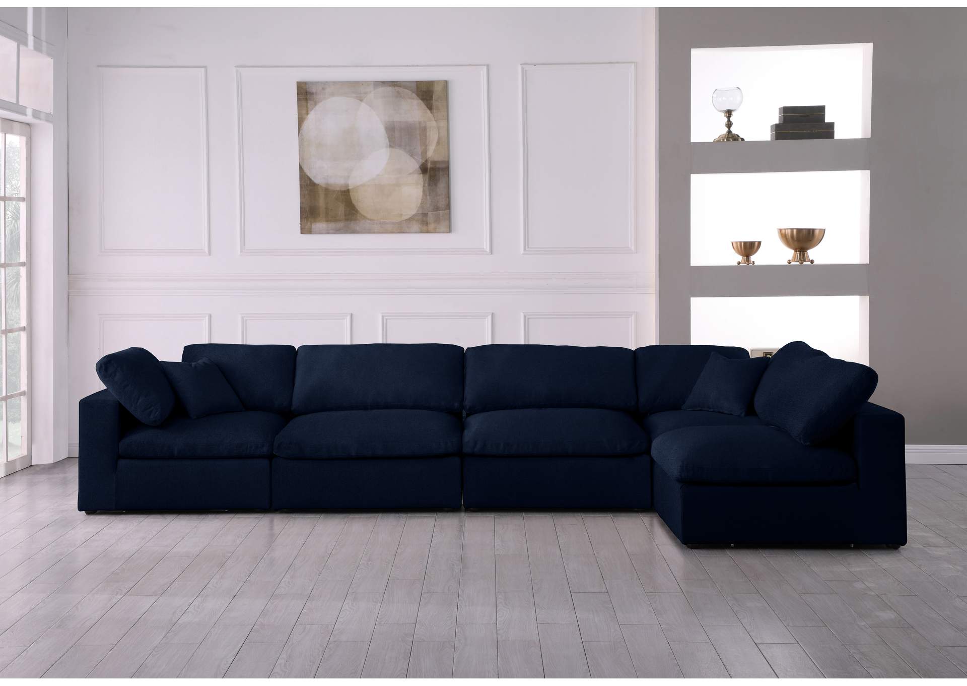 Serene Navy Linen Textured Fabric Deluxe Comfort Modular Sectional,Meridian Furniture