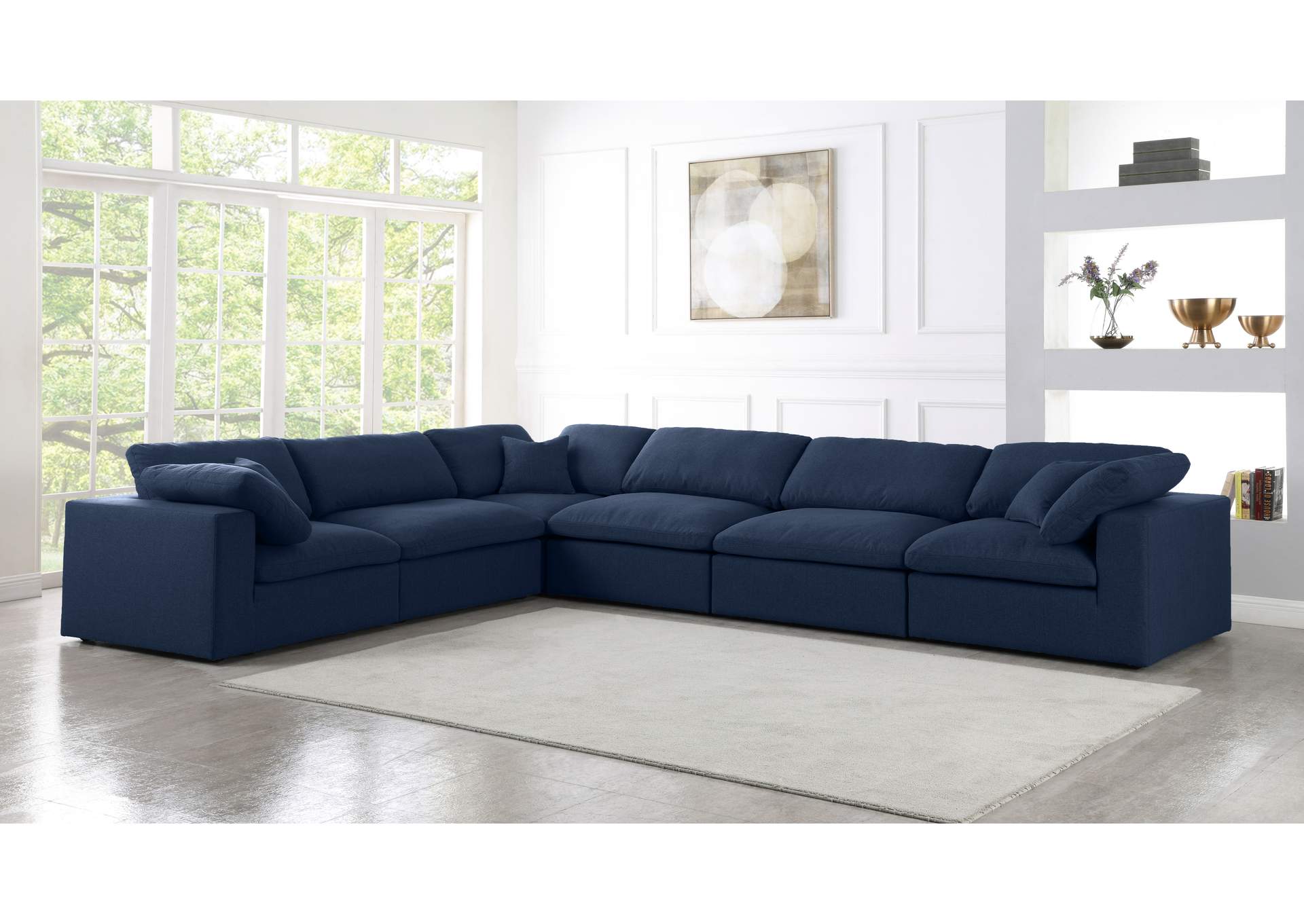 Serene Navy Linen Textured Fabric Deluxe Comfort Modular Sectional,Meridian Furniture