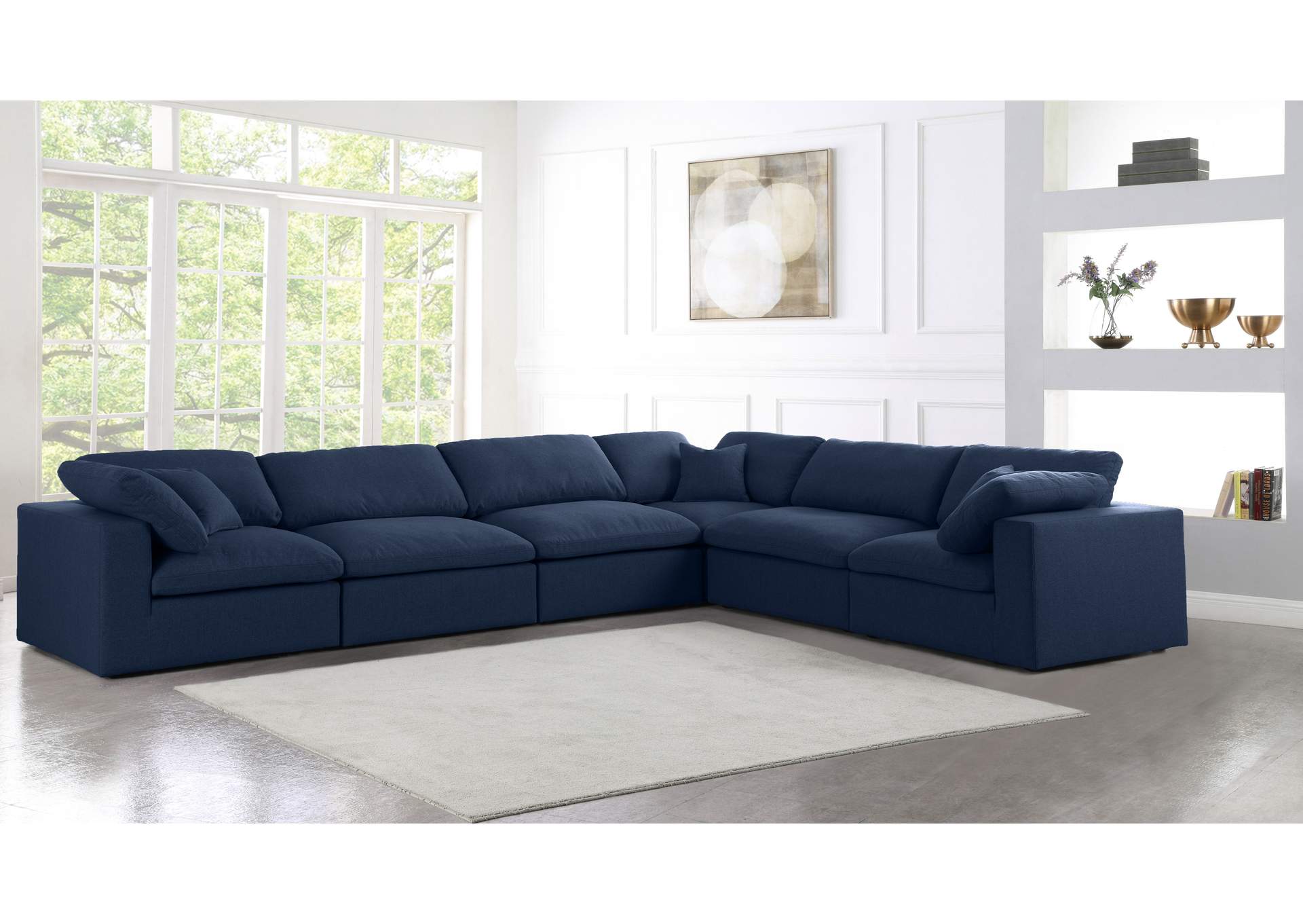 Serene Navy Linen Textured Fabric Deluxe Comfort Modular Sectional,Meridian Furniture