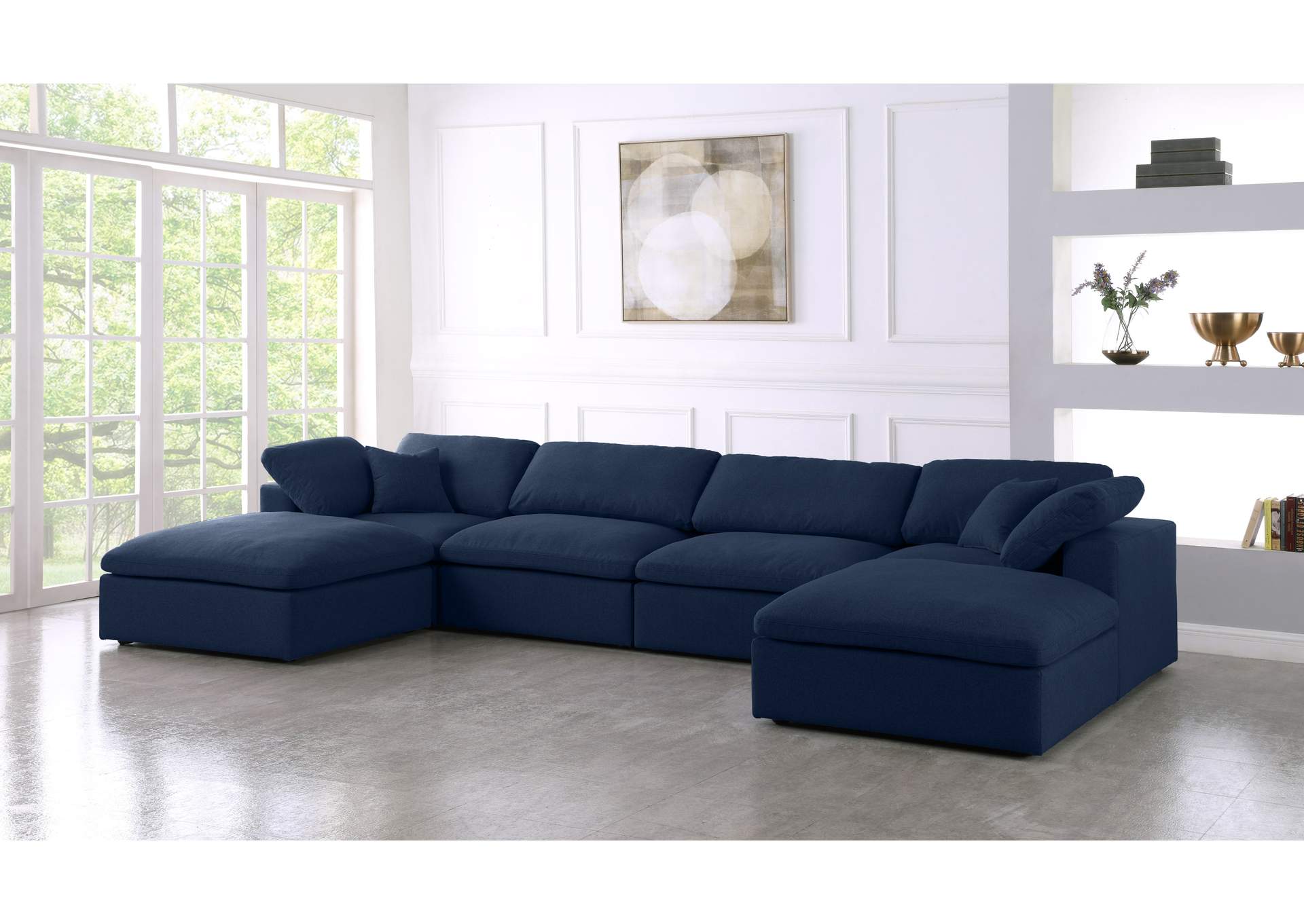 Serene Navy Linen Textured Fabric Deluxe Comfort Modular Sectional,Meridian Furniture