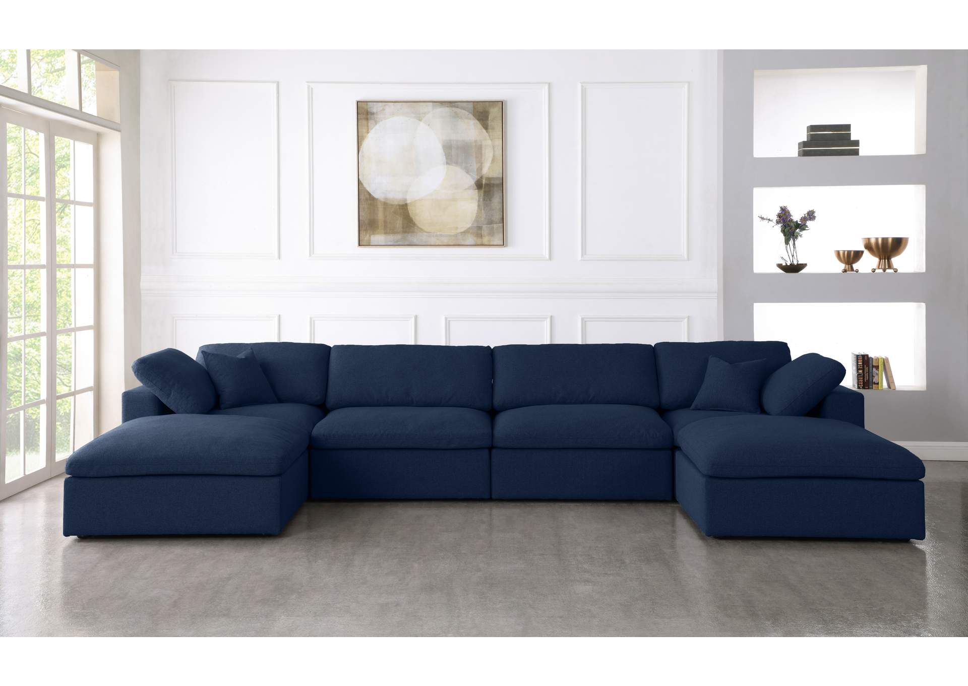 Serene Navy Linen Textured Fabric Deluxe Comfort Modular Sectional,Meridian Furniture