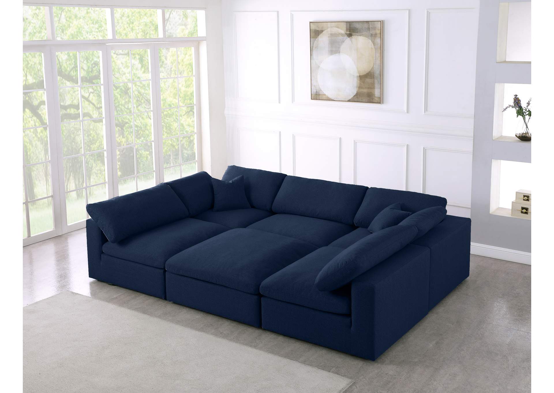 Serene Navy Linen Textured Fabric Deluxe Comfort Modular Sectional,Meridian Furniture