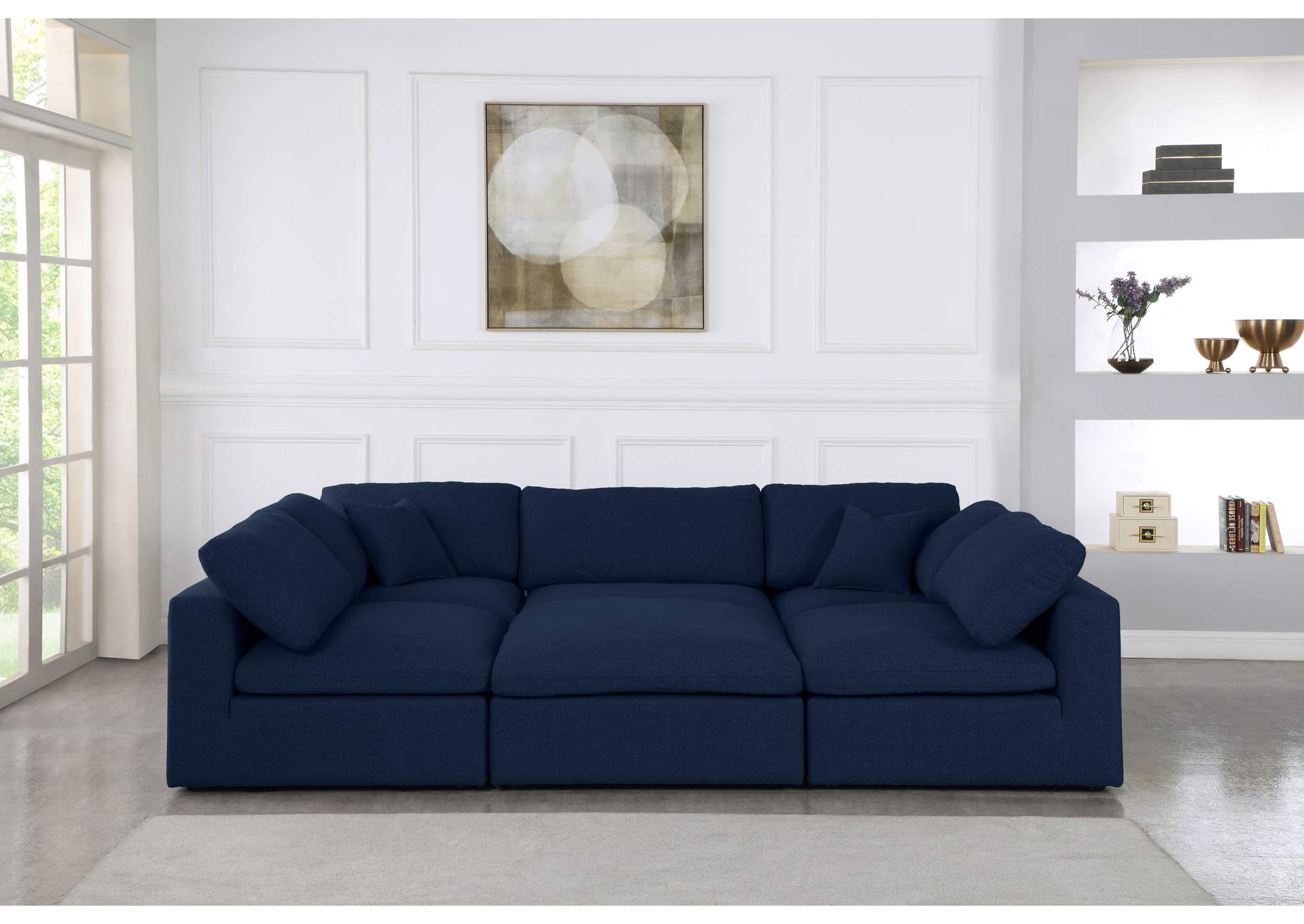 Serene Navy Linen Textured Fabric Deluxe Comfort Modular Sectional,Meridian Furniture