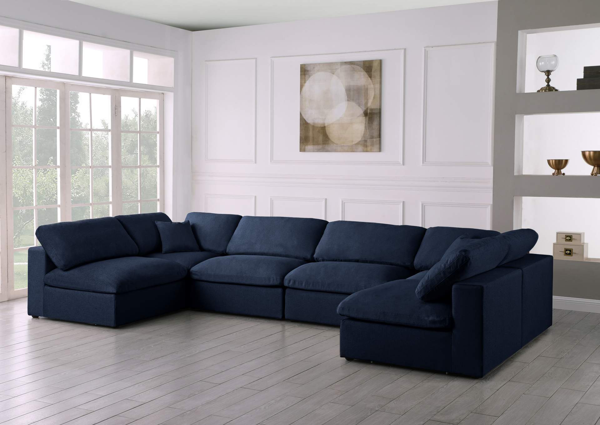 Serene Navy Linen Textured Fabric Deluxe Comfort Modular Sectional,Meridian Furniture