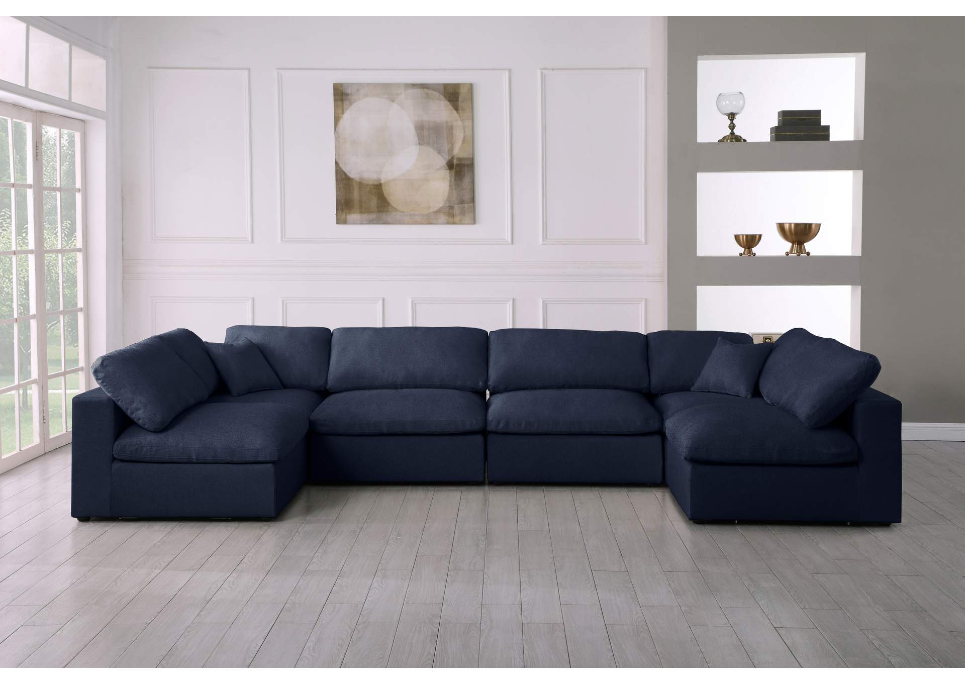 Serene Navy Linen Textured Fabric Deluxe Comfort Modular Sectional,Meridian Furniture