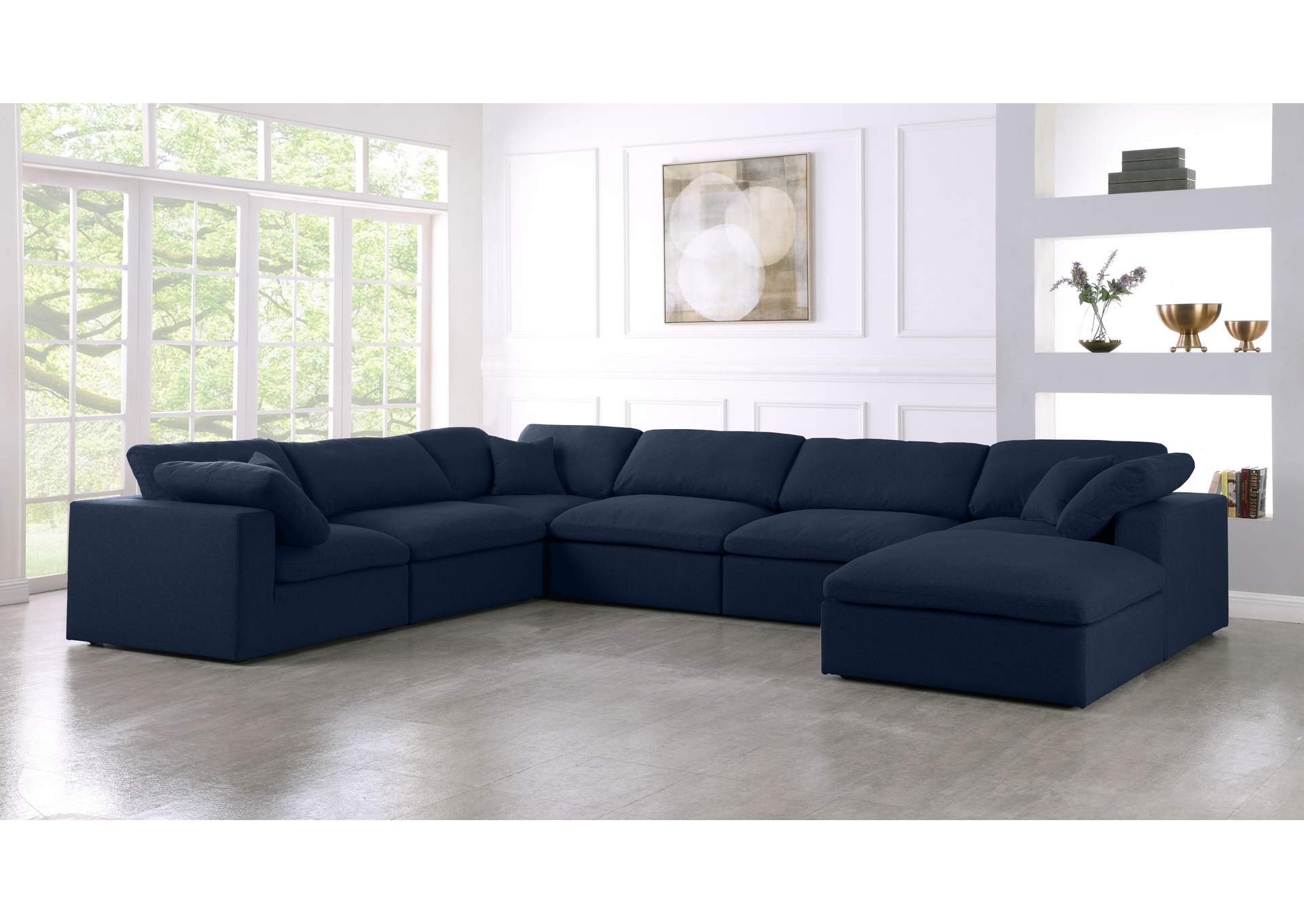 Serene Navy Linen Textured Fabric Deluxe Comfort Modular Sectional,Meridian Furniture