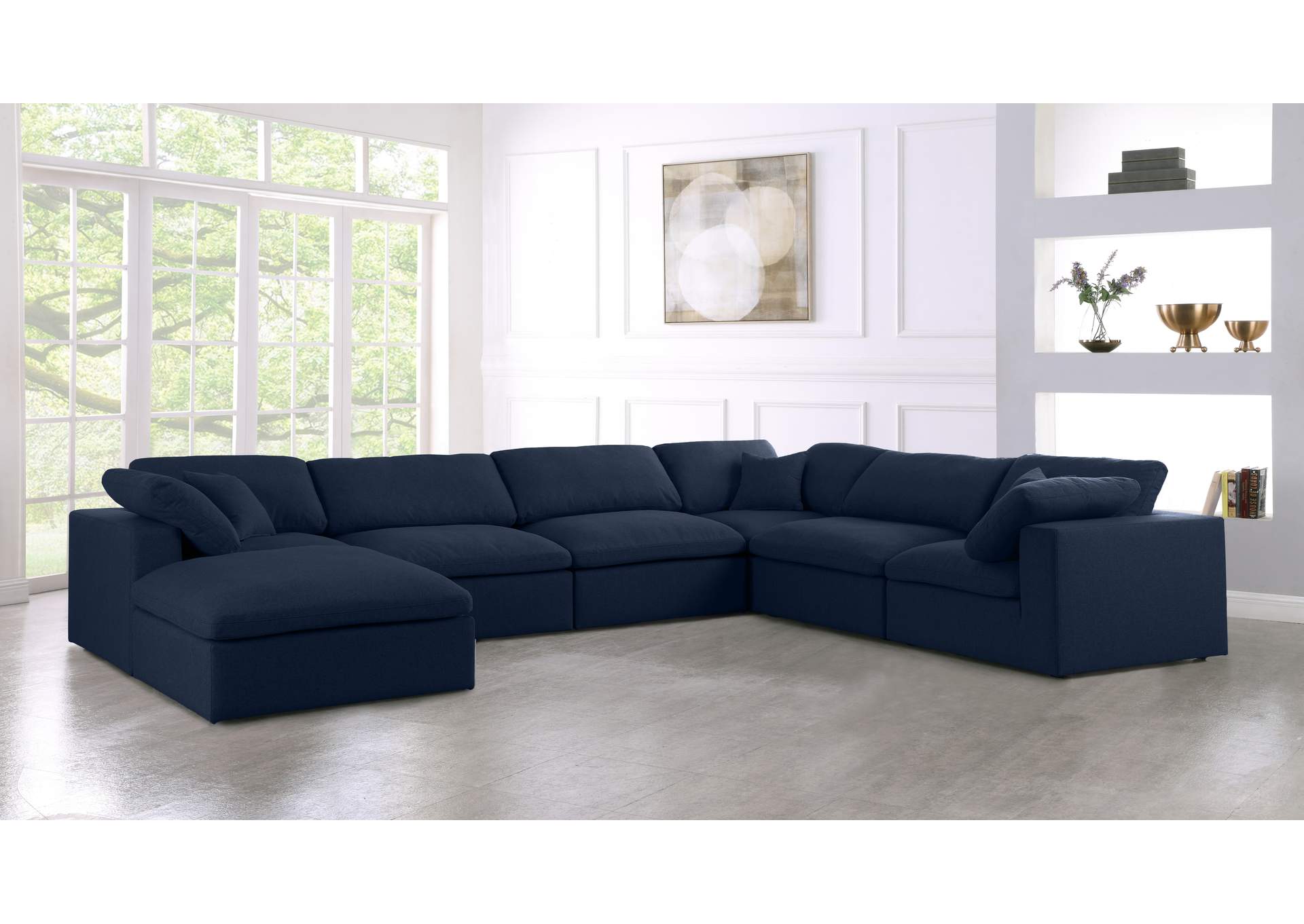 Serene Navy Linen Textured Fabric Deluxe Comfort Modular Sectional,Meridian Furniture