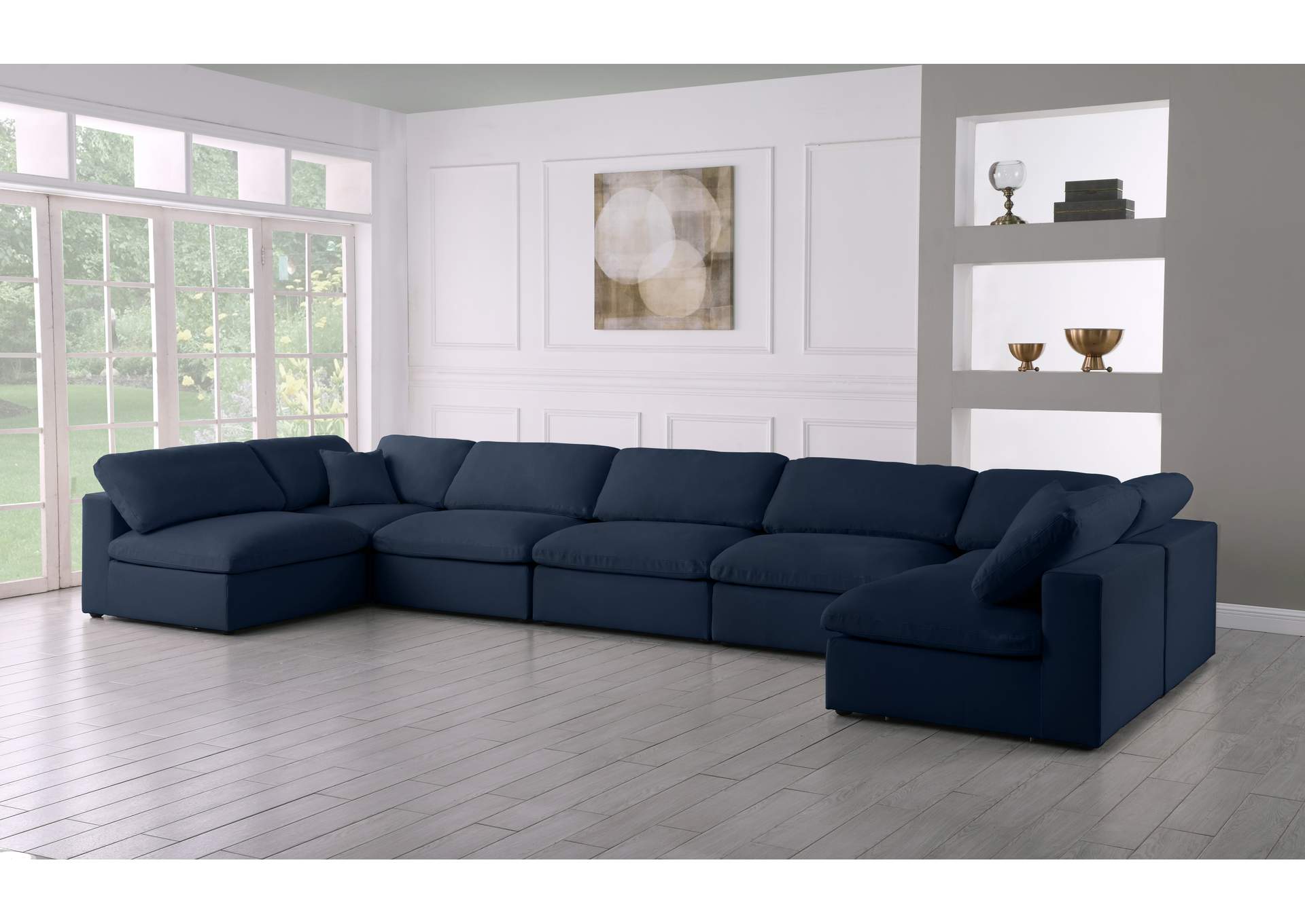 Serene Navy Linen Textured Fabric Deluxe Comfort Modular Sectional,Meridian Furniture