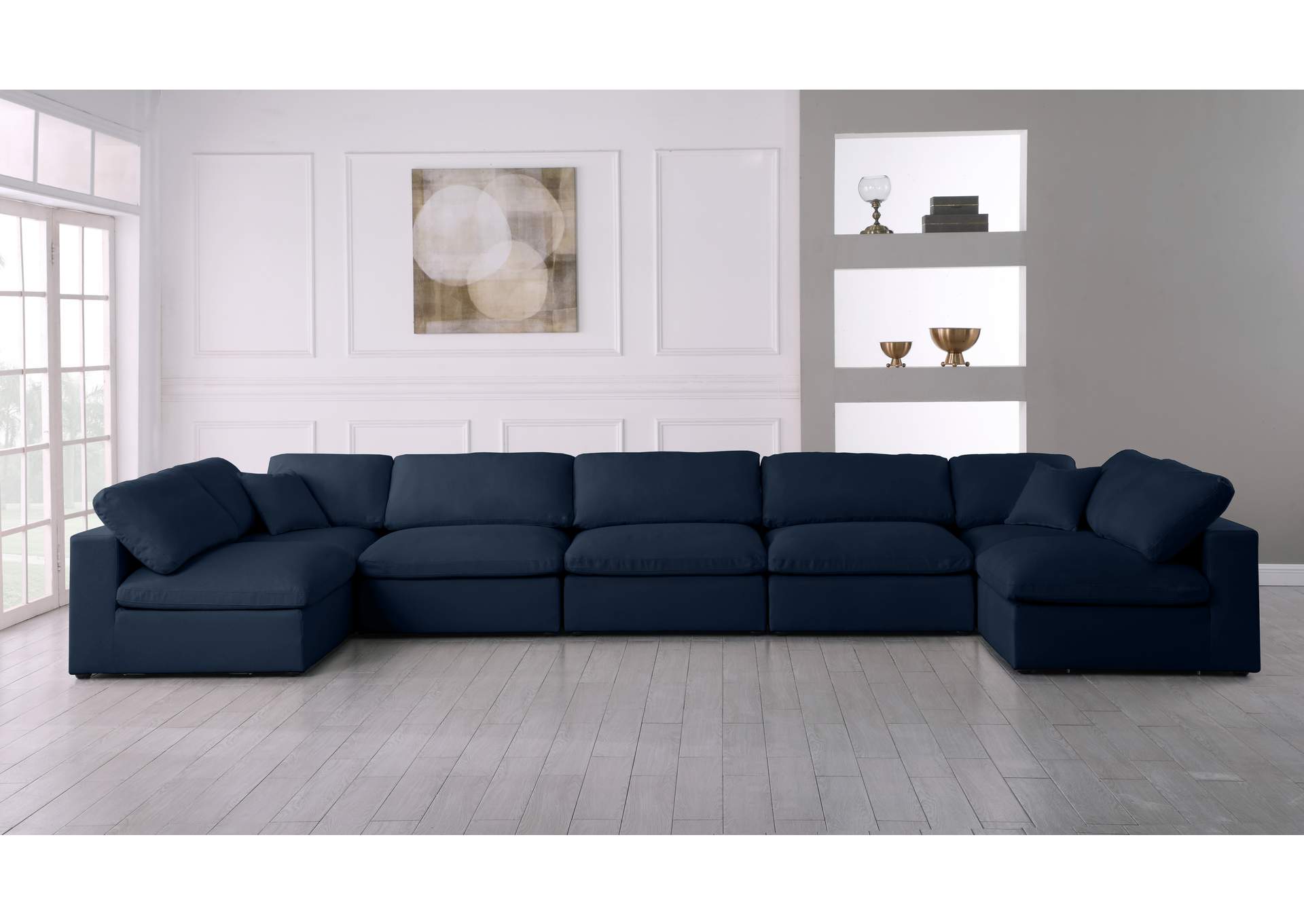 Serene Navy Linen Textured Fabric Deluxe Comfort Modular Sectional,Meridian Furniture