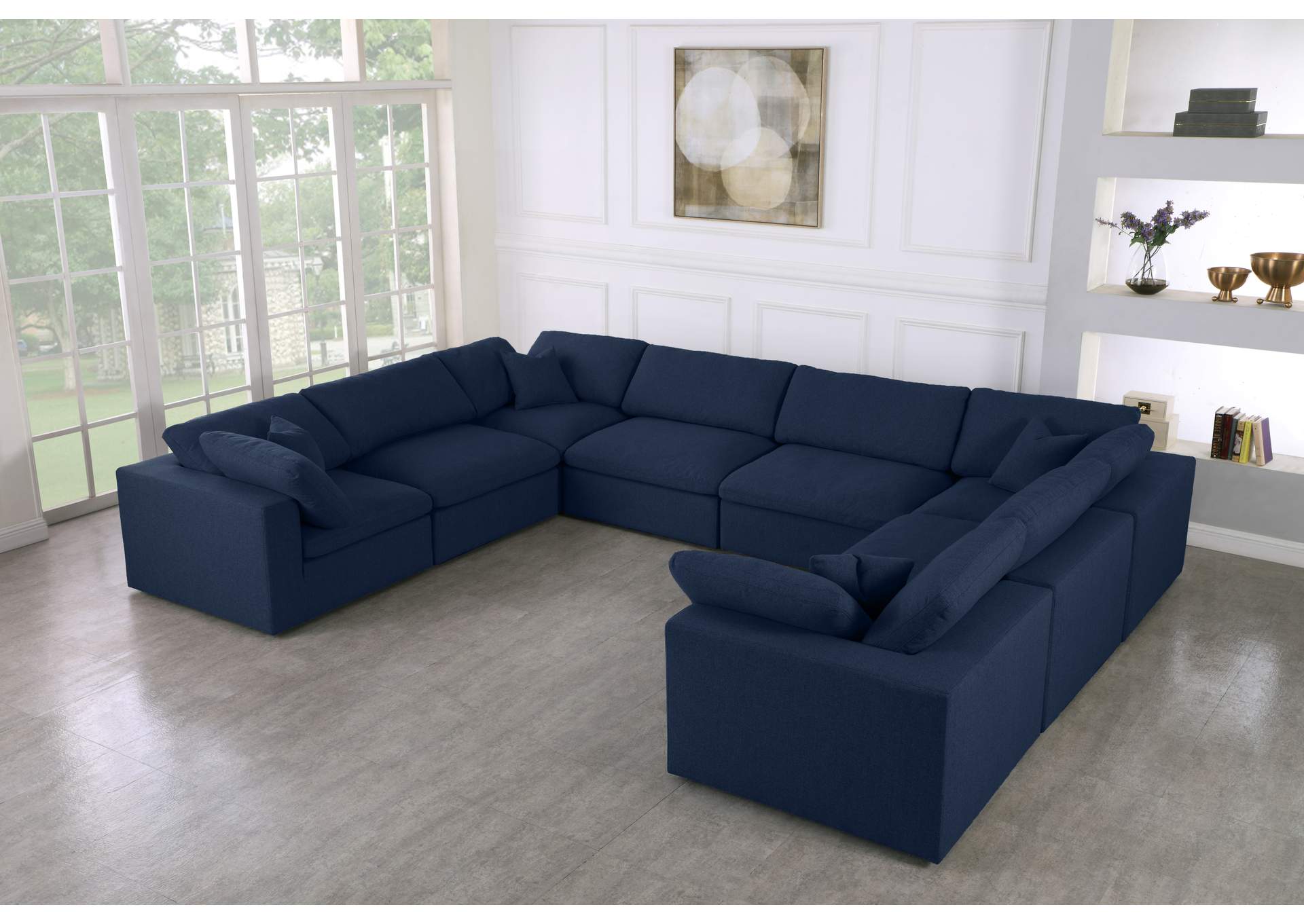 Serene Navy Linen Textured Fabric Deluxe Comfort Modular Sectional,Meridian Furniture