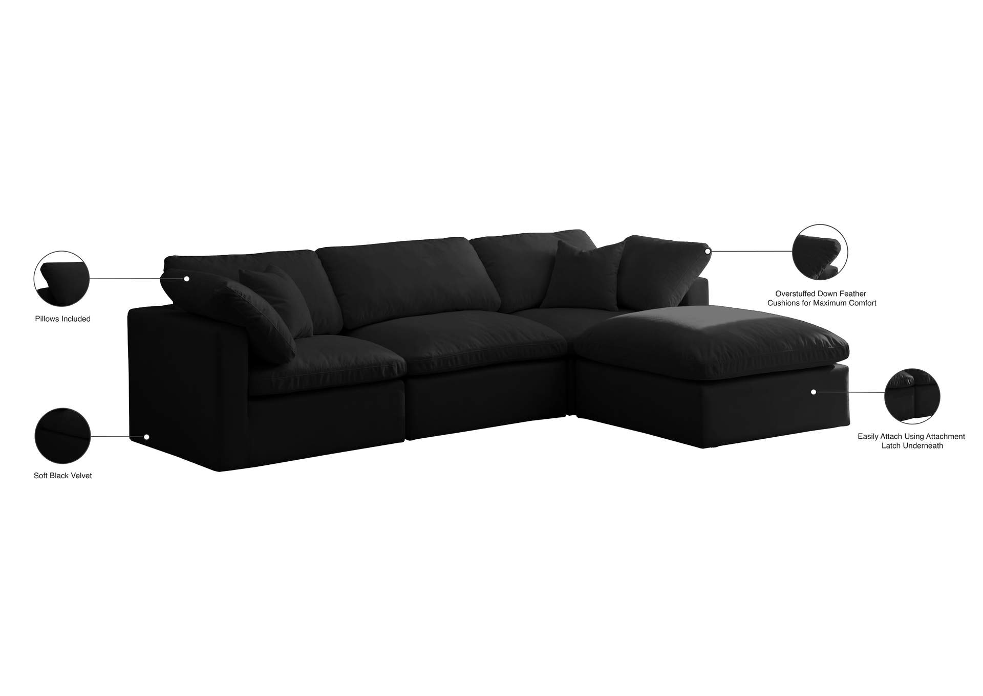 Plush Black Velvet Standard Comfort Modular Sectional,Meridian Furniture