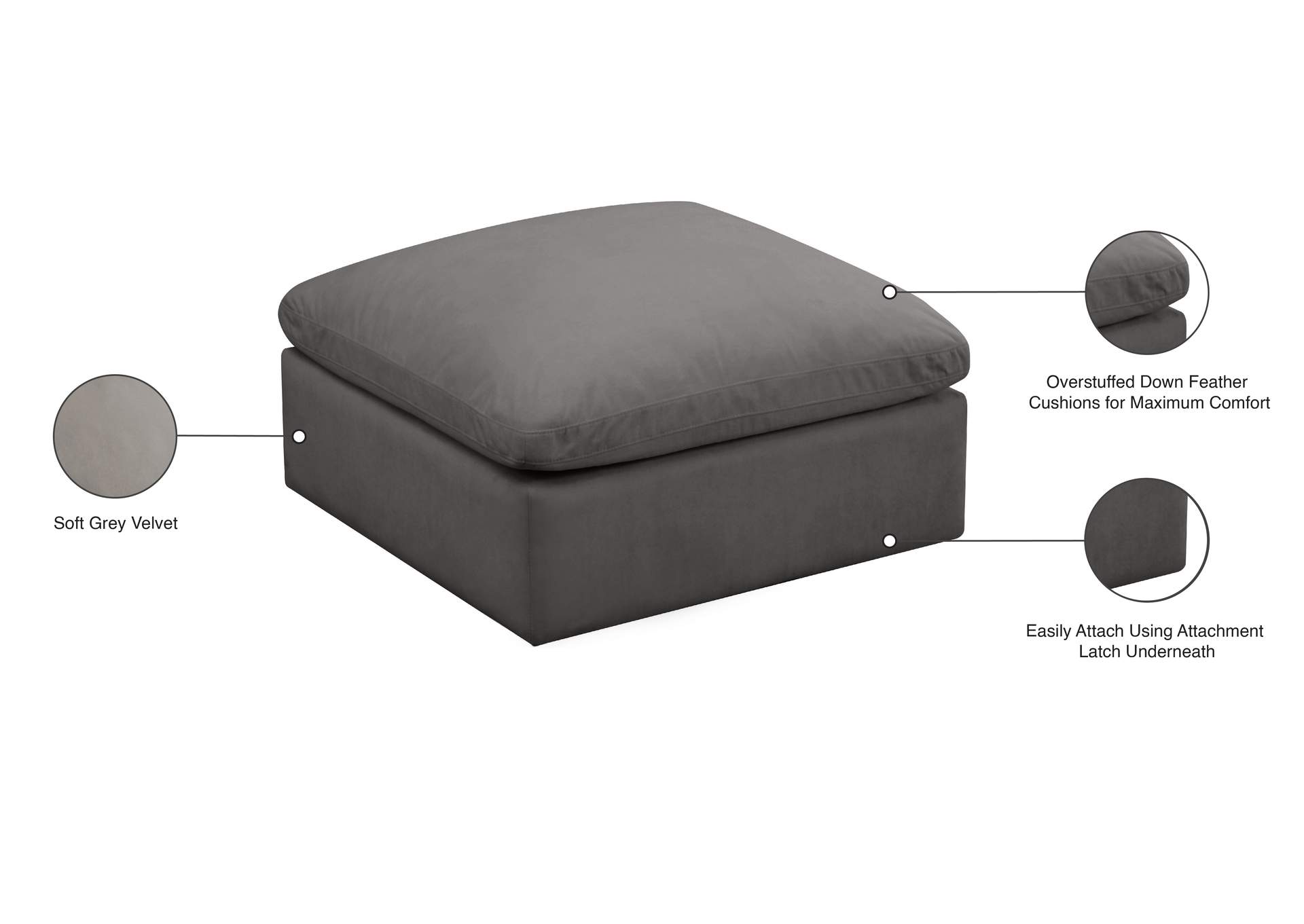 Plush Grey Velvet Standard Comfort Modular Ottoman,Meridian Furniture